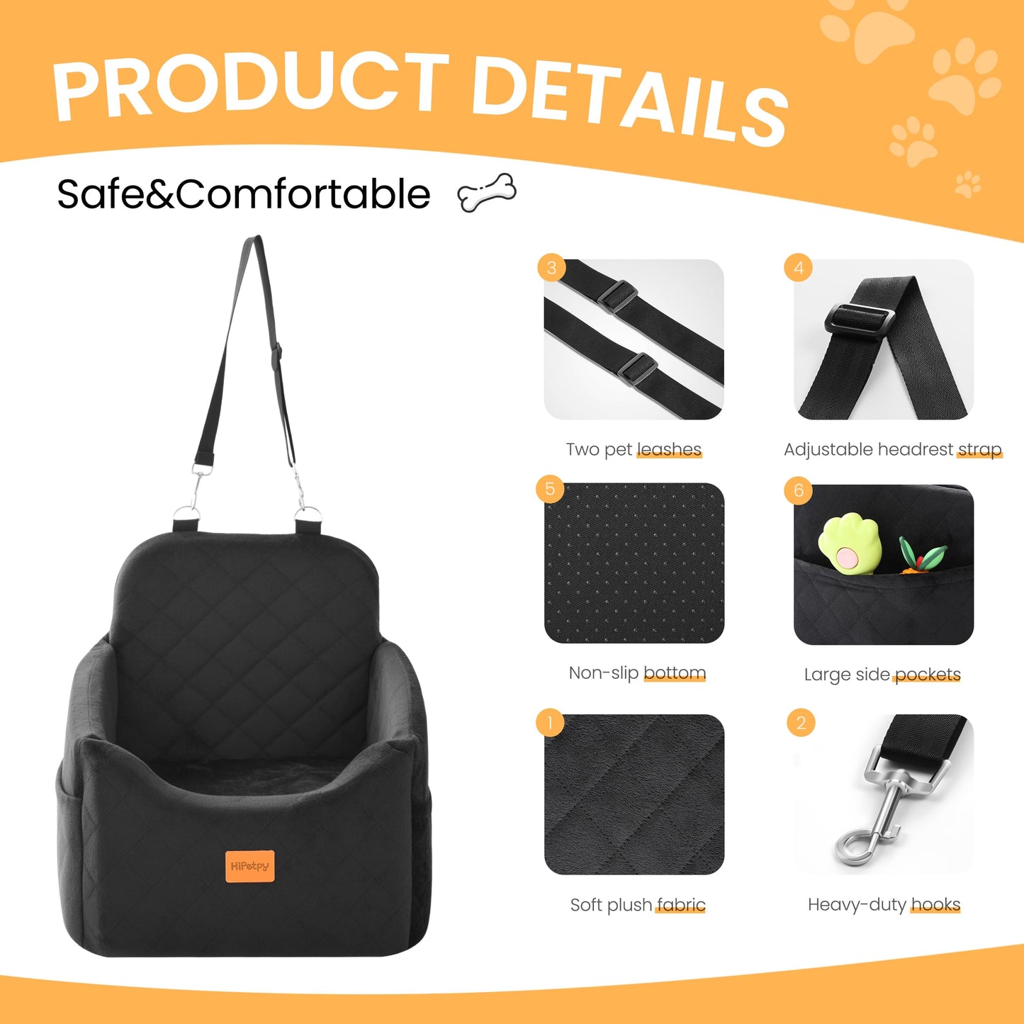 Dog Car Seat for Small Dog, Booster Seat for Dogs Under 30lb, Elevated Pet Seat with Pockets, Anti-Slip Bed for Car, Perfect for Front & Back Seats with Safety Leash (Black, Medium)