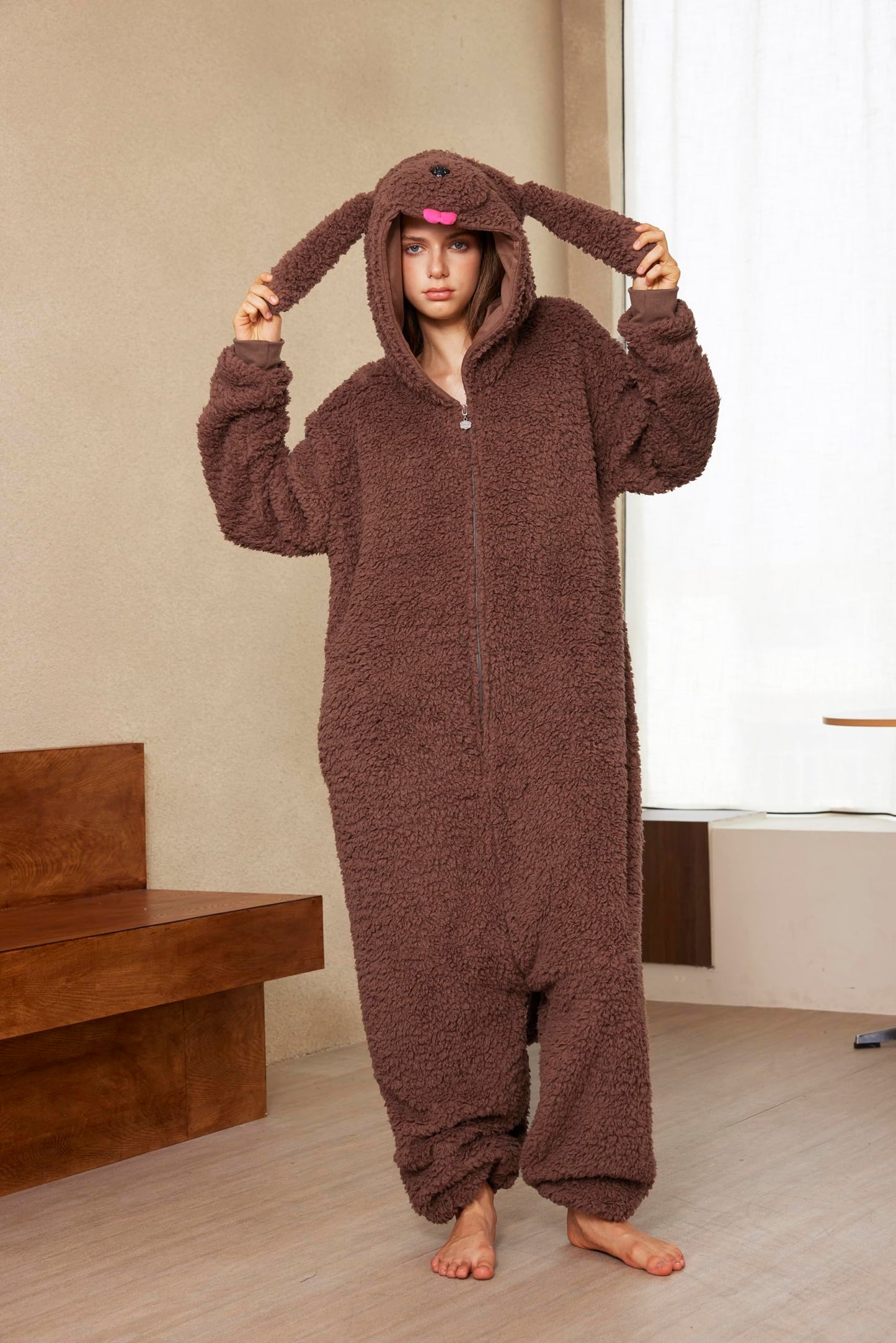 Loiahoer Unisex Animal Poodle Puppy Dog Costume Onesie Pajamas Halloween Costume Christmas Pajamas Gifts for Women & Men, Brown, Medium