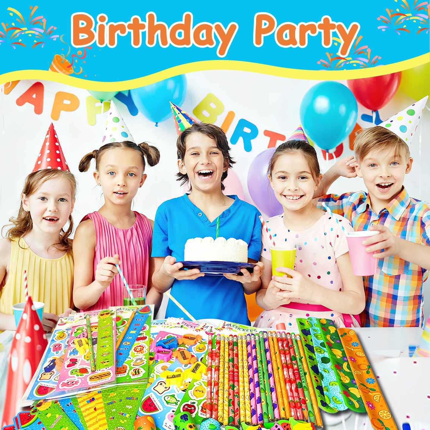 Stationery Party Packs, Birthday Goodie Bags with Stickers Rulers Pencils Erasers Sharpeners Slap Bracelets for Goodie Bags Classroom Return Gifts Class Birthday Gifts for Student (28Pack)
