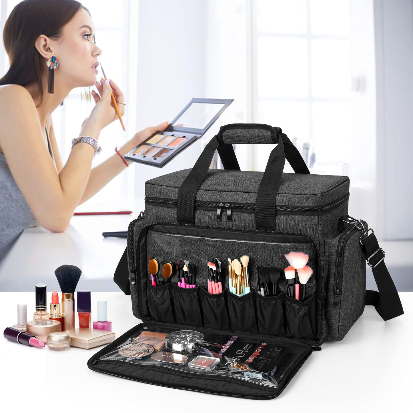 BAFASO Large Makeup Bag Cosmetic Bag with Removable Dividers, Travel Makeup Case Hair Bag Holds Cosmetics of Different Sizes and Hair Products, Black