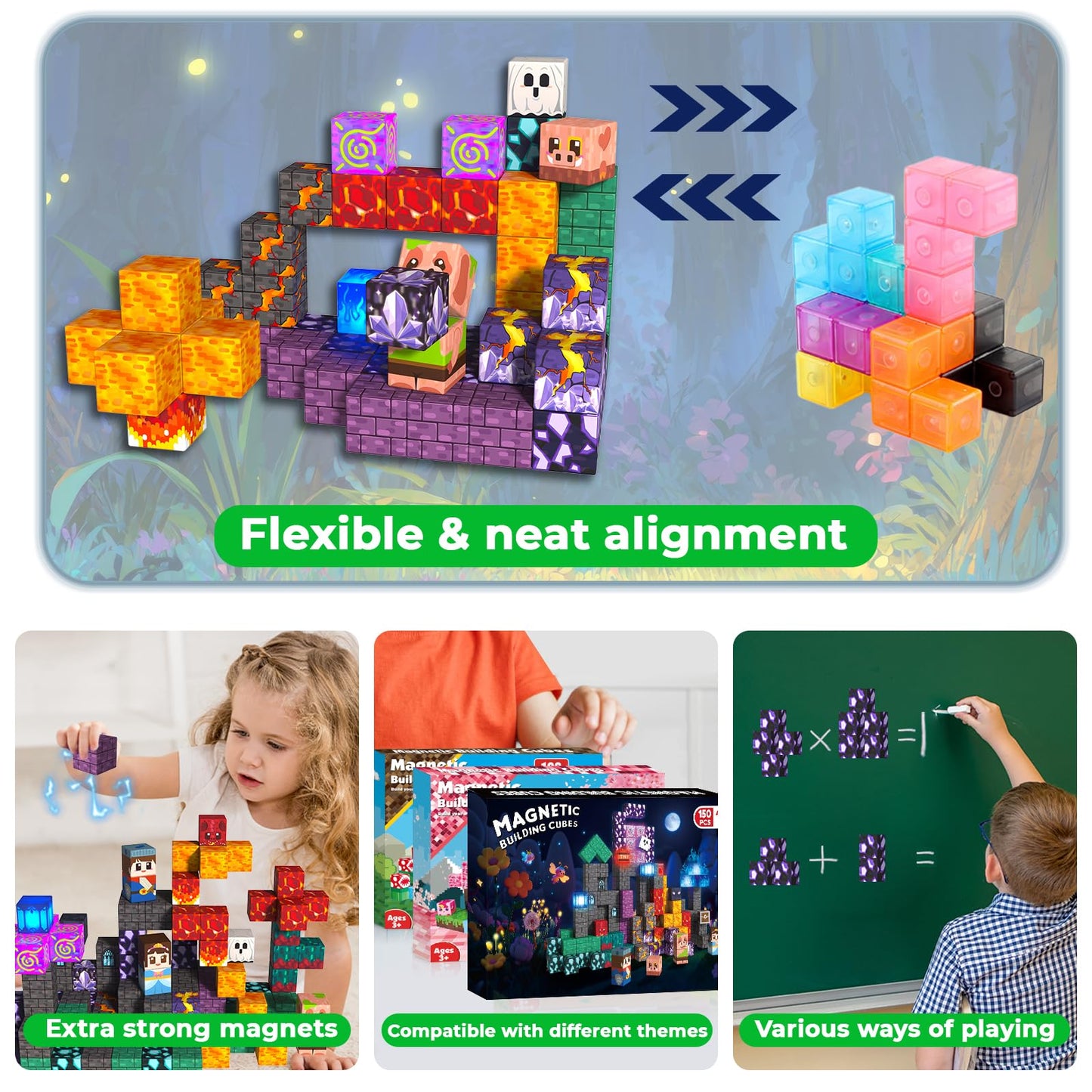 Light Up Magnetic Blocks 150 Pieces, Cute Fun Glowing Magnetic Building Blocks Sensory Learing STEM Toys for Kids Aged 3 4 5 6 7 8 9 Year Old Boys Girls Gift