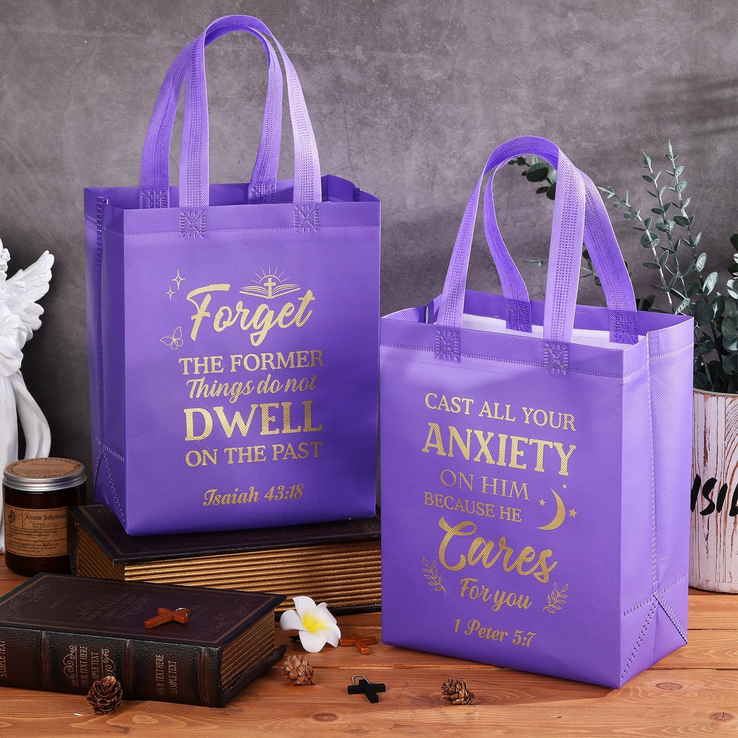 Talltalk 50 Pcs Christian Gift Bag Bulk Reusable Bible Verse Tote Religious Welcome Visitors Church Bags with Scriptures Clergy Pastor Gift for Sunday School Party Favors Christmas(Purple,Medium)