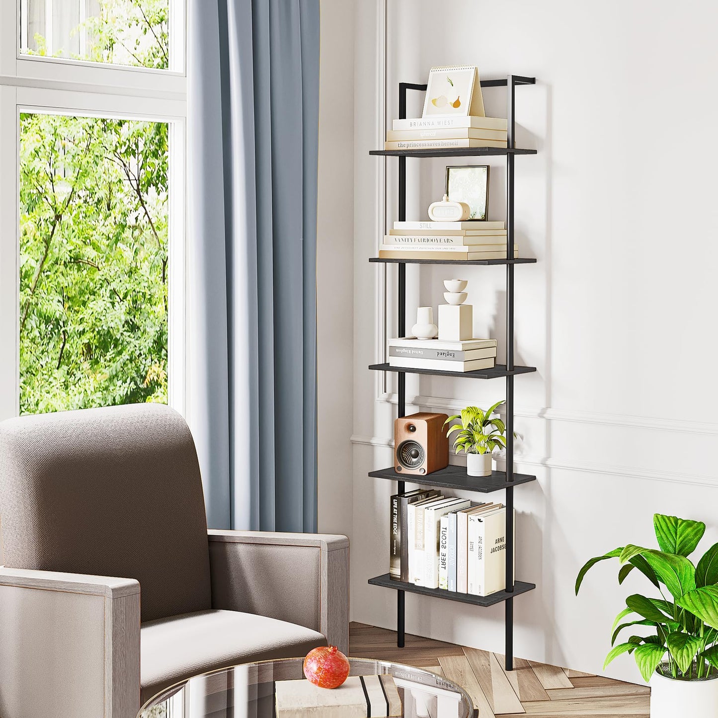 POBOMULI 5-Tier Ladder Shelf, Wall Mounted Ladder Bookshelf with Metal Frame, Wood Tall Open Storage Rack and Display Shelves for Home Office Bedroom Living Room, Black