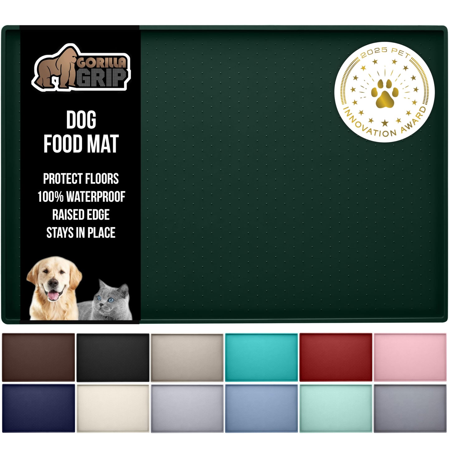 GORILLA GRIP 100% Waterproof Raised Edge BPA Free Silicone Pet Feeding Mat, Dog Cat Food Mats Contain Spills Protects Floors, Placemats for Cats and Dogs Water Bowl, Pets Accessories 28x18 Green