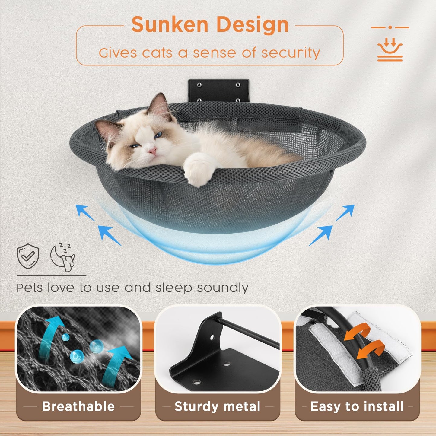 JUNSPOW Cat Hammock Wall Mounted, Foldable & Stable Cat Beds- Breathable Cat Wall Shelves for Sleeping, Playing, Climbing, and Lounging - Maximum Hold Up to 30lb (Gray)
