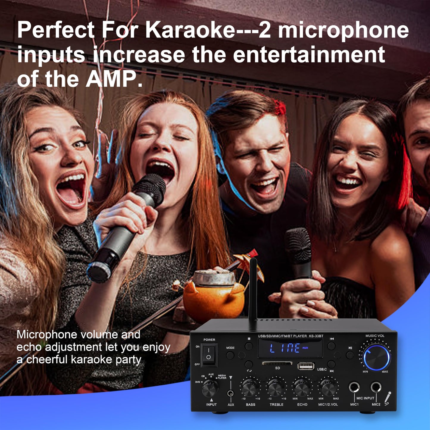 1000W Mini Stereo Amplifier Bluetooth 5.0 Home Audio Power Amplifier, Dual Channel Wireless Sound Audio Stereo Receiver System w/USB, SD, AUX