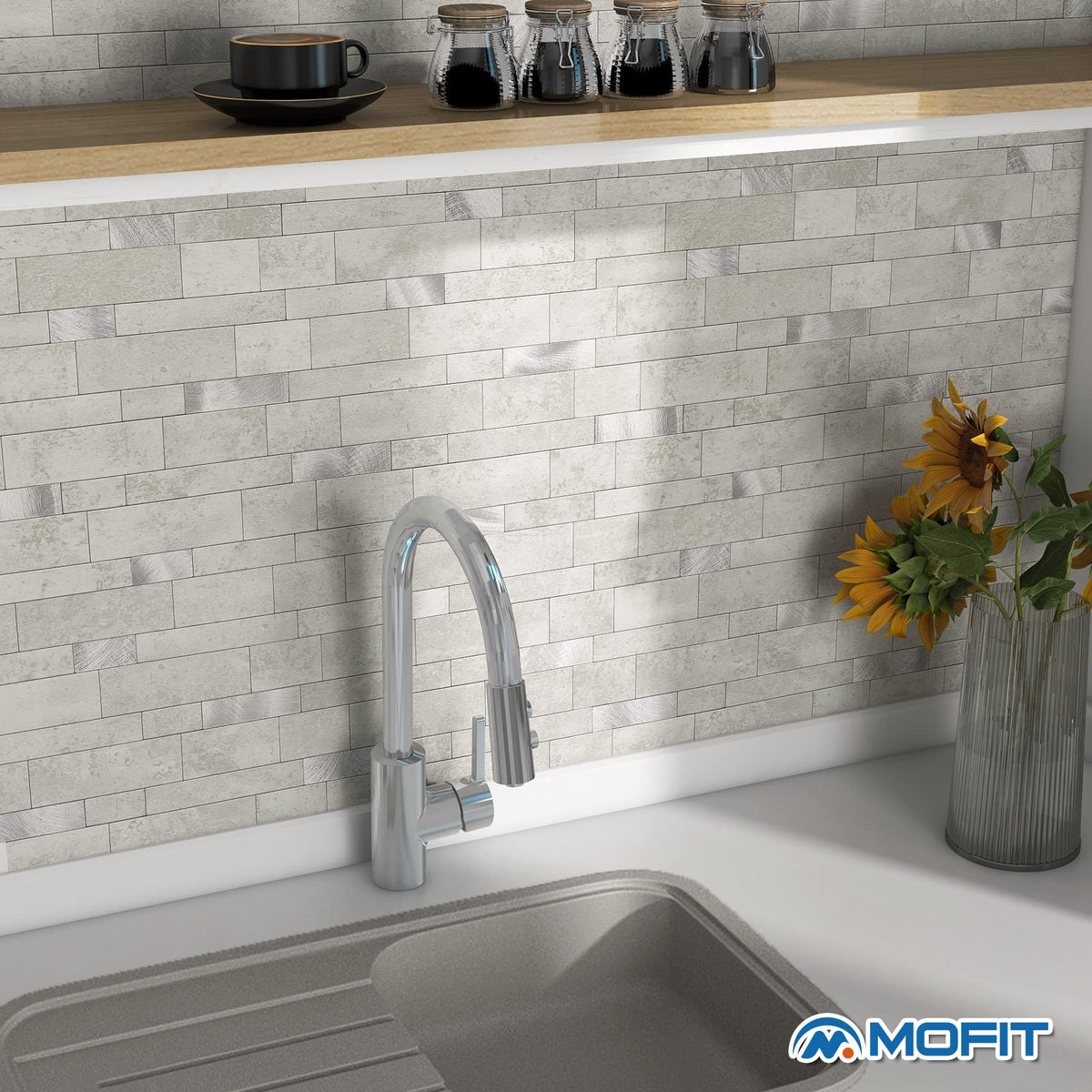 M MOFIT Backsplash Tile for Kitchen Peel and Stick Stone Matte Finish,Bathroom Tiles Stickers 3D Wall Panel Linear Mosaic Marble Backsplash Waterproof(10sheets,Cement Grey)
