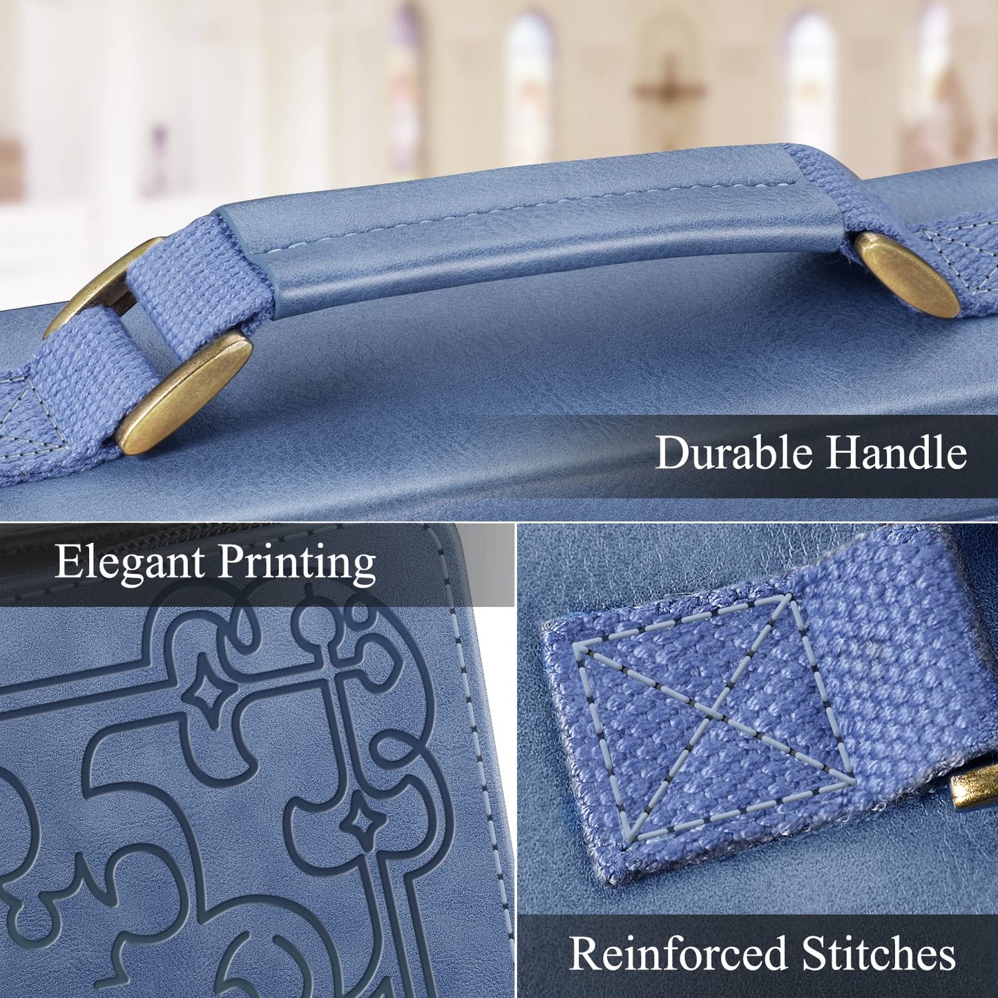 FINPAC Large Classic Bible Cover, Vegan Leather Carrying Book Case Church Bag Bible Protective with Handle, Gift for Men, Women, Blue, Medium