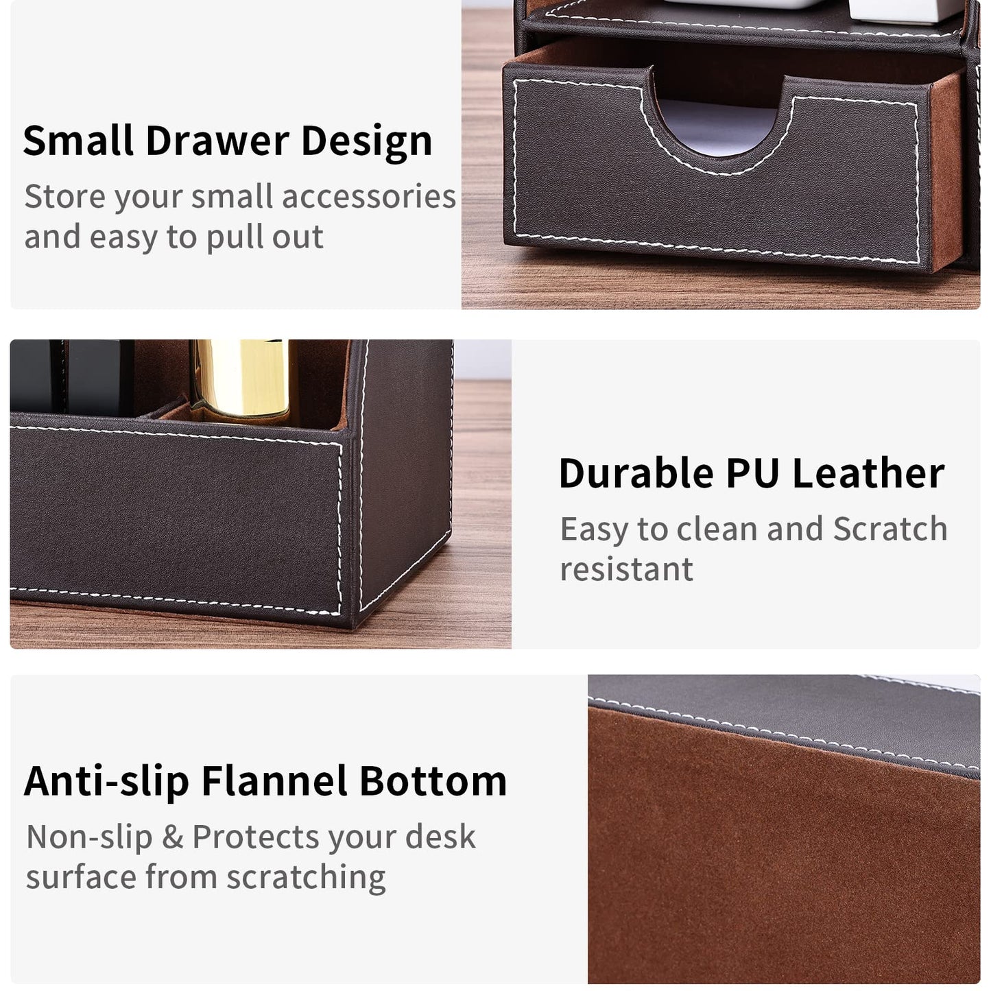 KINGFOM Pu Leather Desk Organizer Pen Pencil Holder Office Supplies Caddy Storage Box 6 Compartments with Drawer Brown (Half Pu)