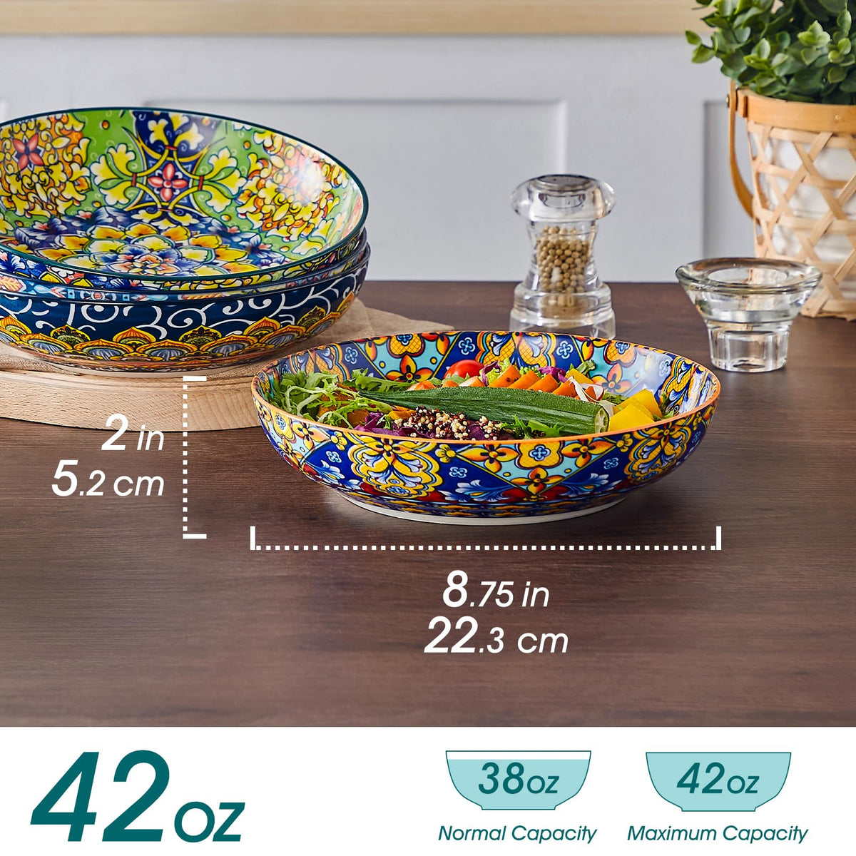 vancasso Pasta Bowls, Ceramic Salad Bowls of 4,Large Corlorful Serving Bowls for Kitchen, Dishwasher & Microwave Safe Soup Bowls, Pasta Plates