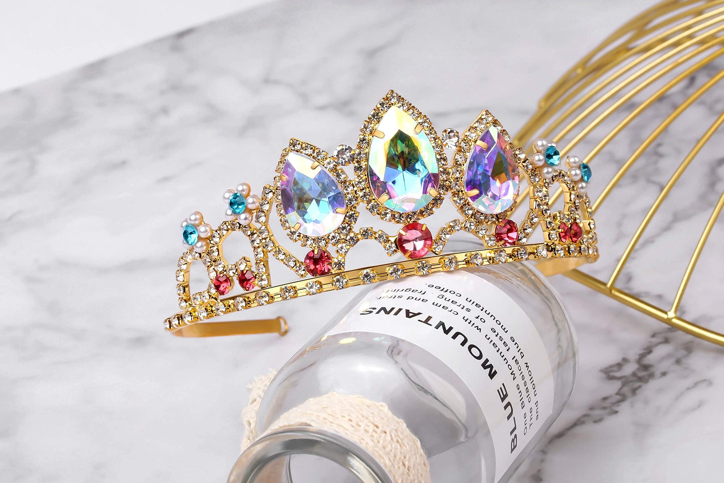 Rapunzel Tiara Princess Crown and Necklace Tangled Inspired girls Halloween Costume Aurora Borealis Stone Sparkle Gold Crown Sweet Gift for Girls Birthday