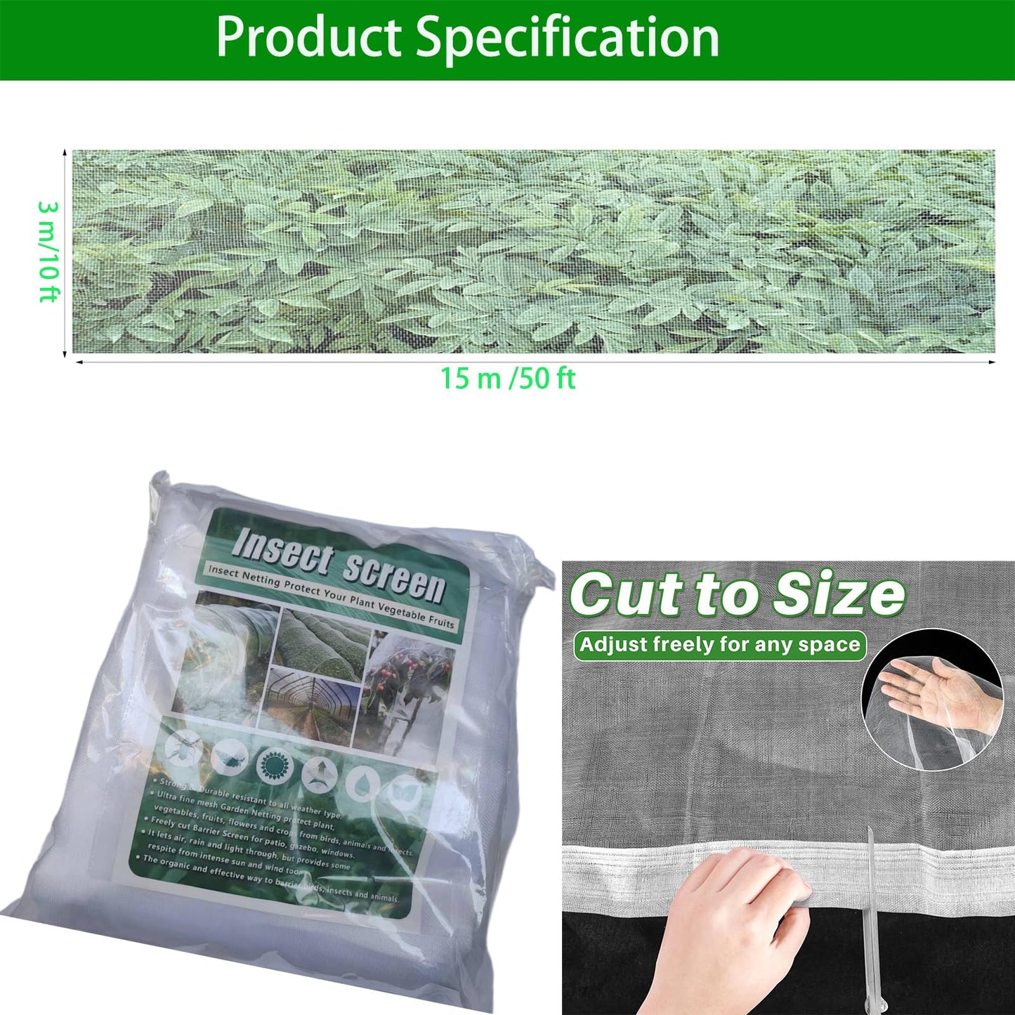 10X50FT Heavy Duty Garden Mesh Netting with Reinforced Double-Layer Edges, 40g/㎡ Ultra Fine Plant Cover for Anti Mosquito and Birds, Insect Mesh Barrier for Vegetables Plants Fruits Flowers (3X15M)