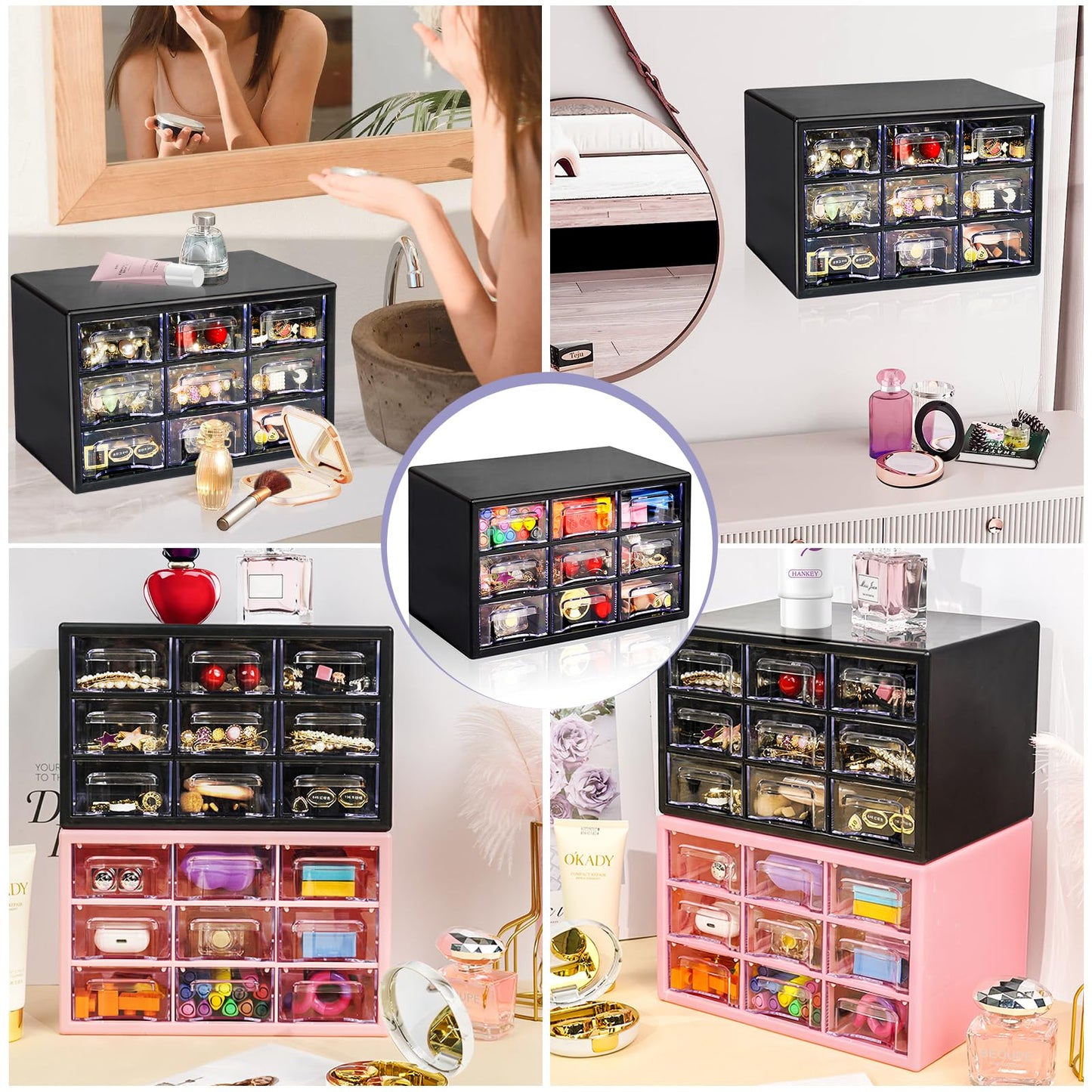 FODIENS Desk Storage Organizer with 9 Drawers, Stackable Desktop Craft Drawer Cabinet, Clear Storage Box Caddy for Makeup Jewelry Office Craft Supplies (Black)