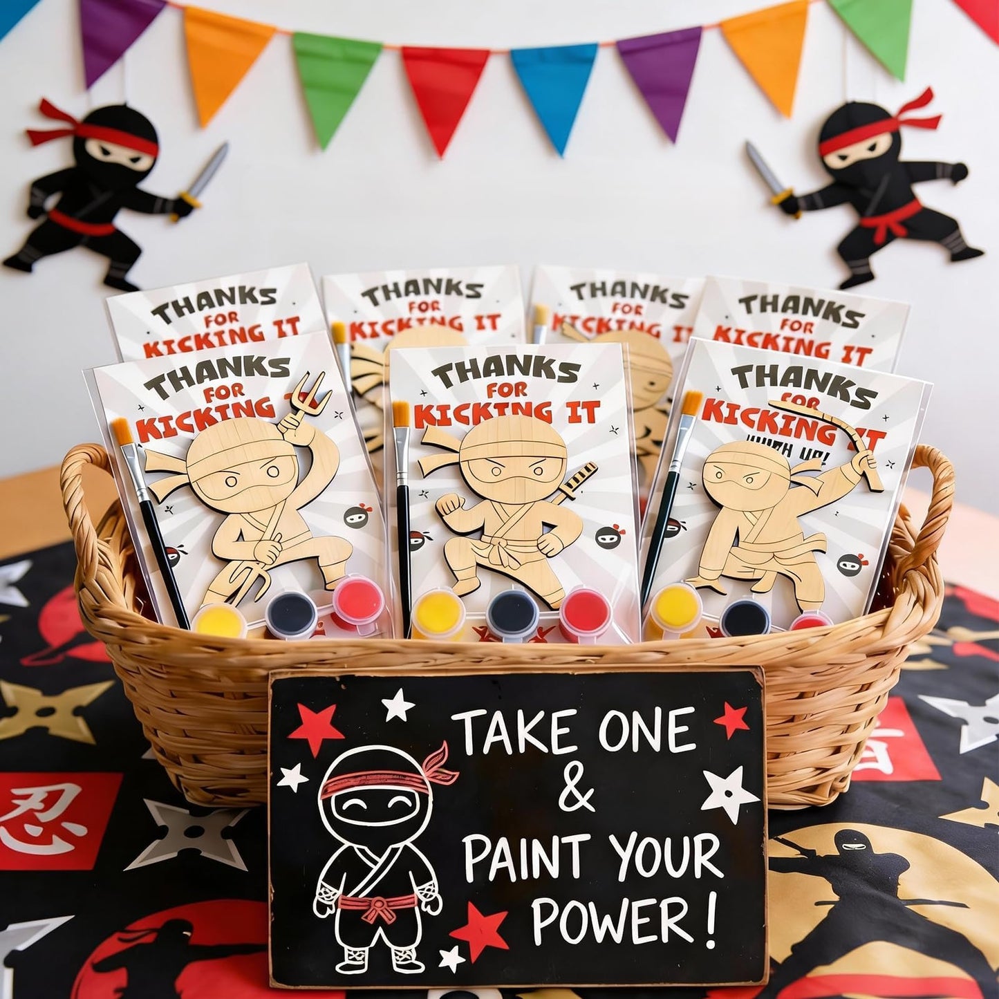 12 Pack Ninja Party Favors for Kids - Individually Wrapped Paint Your Own Wooden Magnet Craft Kits with Thank You Card, Stealthy Birthday Decorations for Boys & Girls