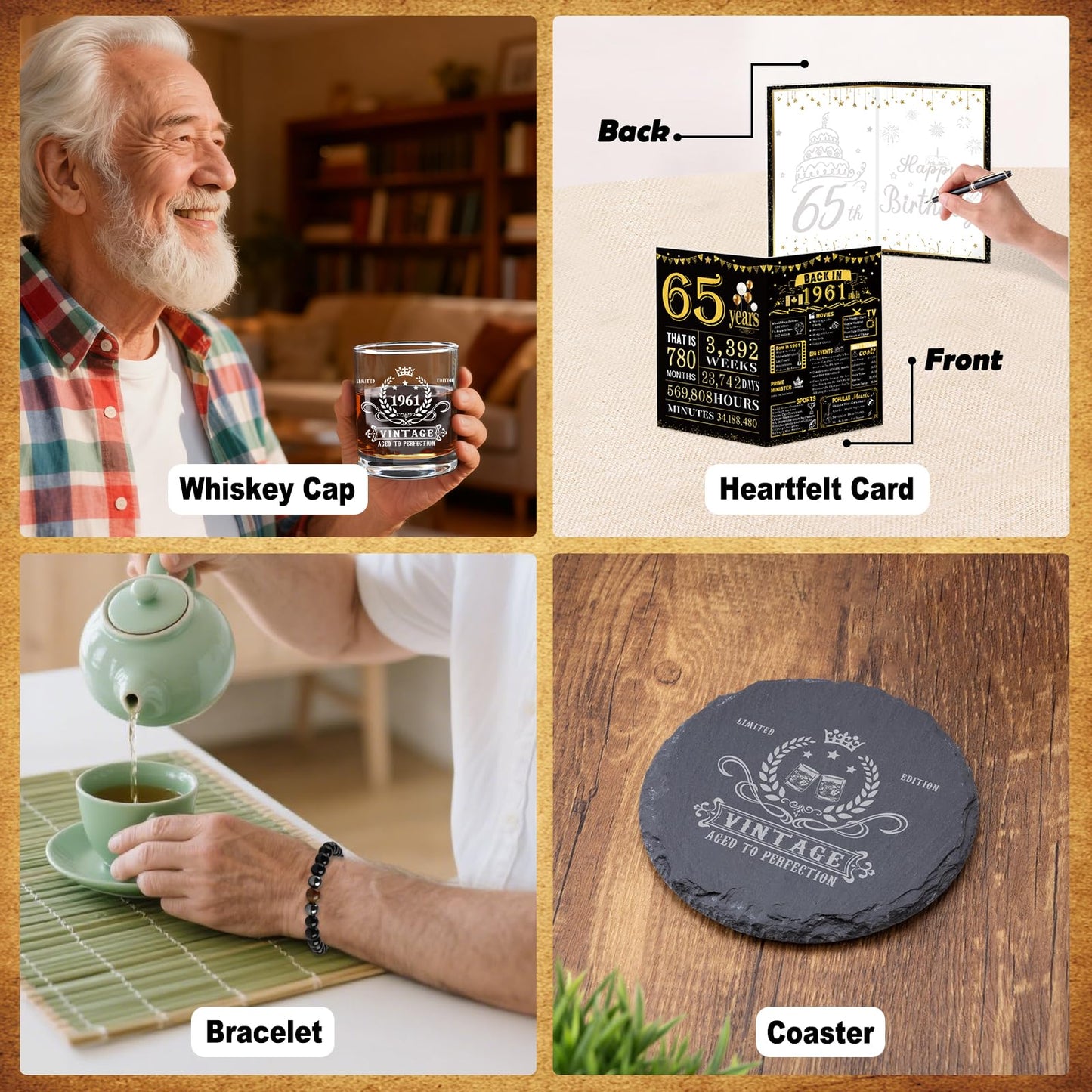 65th Birthday Gifts for Men, Cool 65th Birthday Decorations for Men, 65 Year Old Gifts for Man Who Have Everything, 1961 65th Birthday Gift Baskets for Man Whiskey Glass Baseball Cap Socks Stones