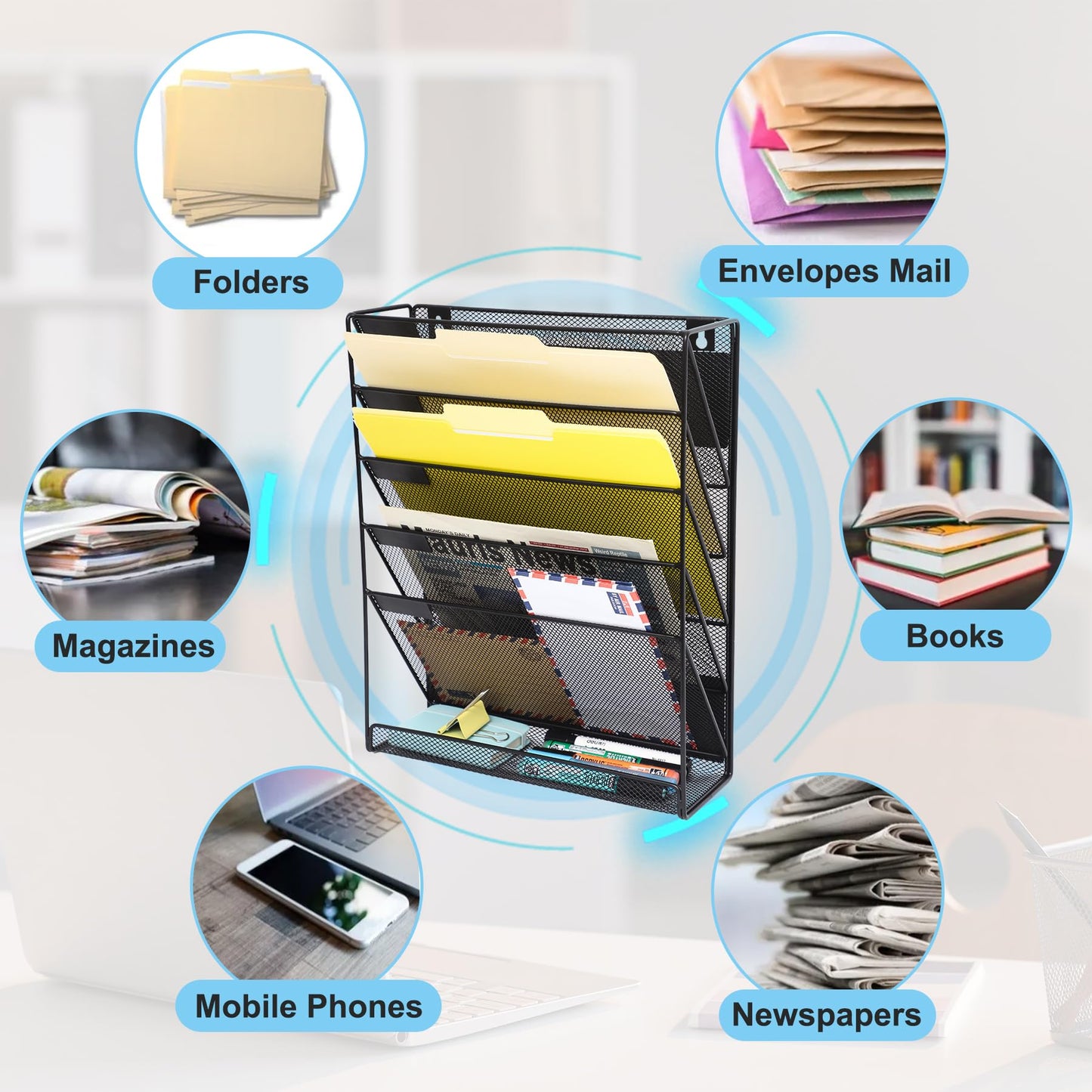 EASEPRES Magnetic File Organizer Mesh 5-Tier Black Hanging File Organizer Vertical Holder Rack for Office Home