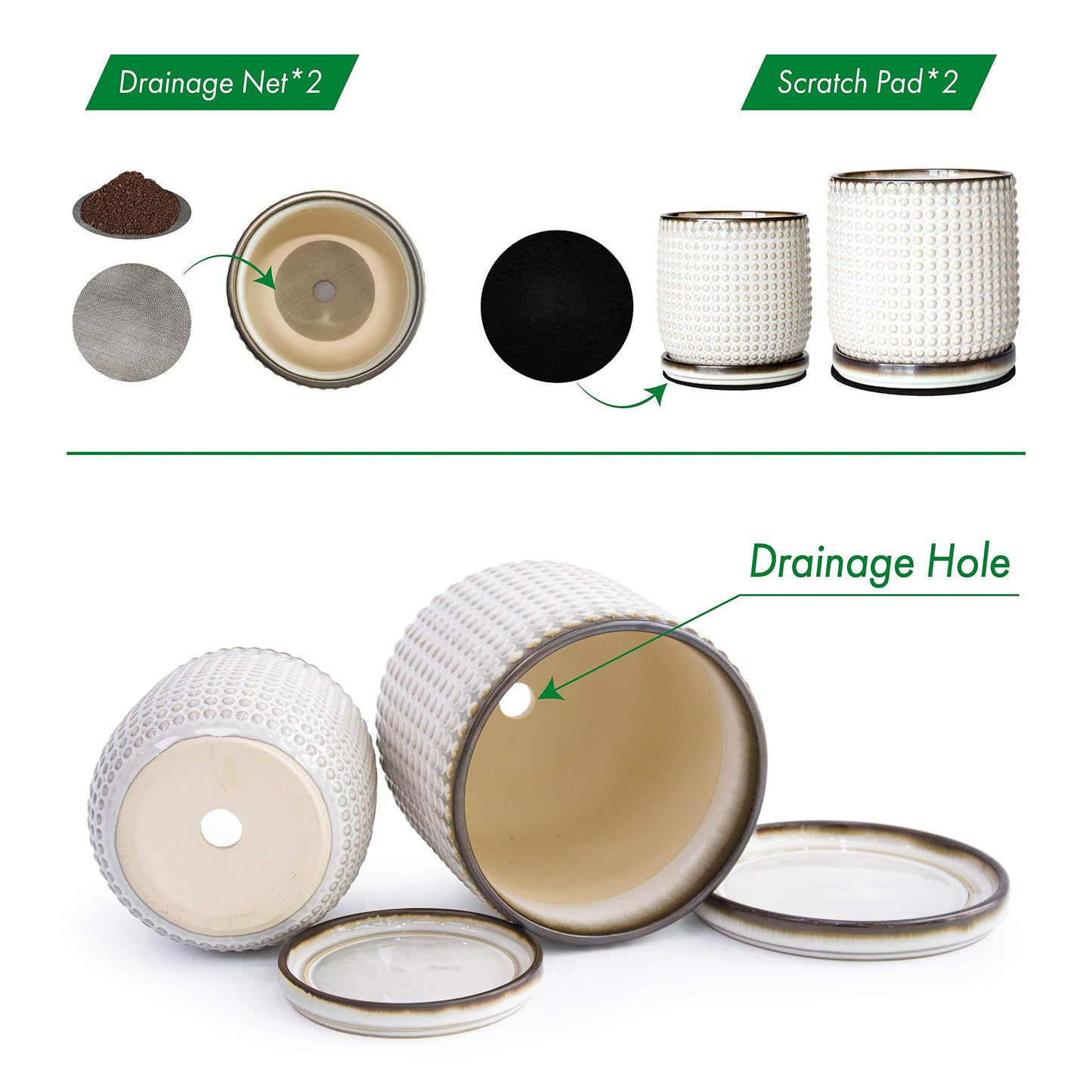D'vine Dev 6 Inch 4 Inch Ceramic Indoor Planter Pots with Drainage Hole and Saucer, Beaded Design Flower Pots, Set of 2, Smoked White, 27-D-U-1