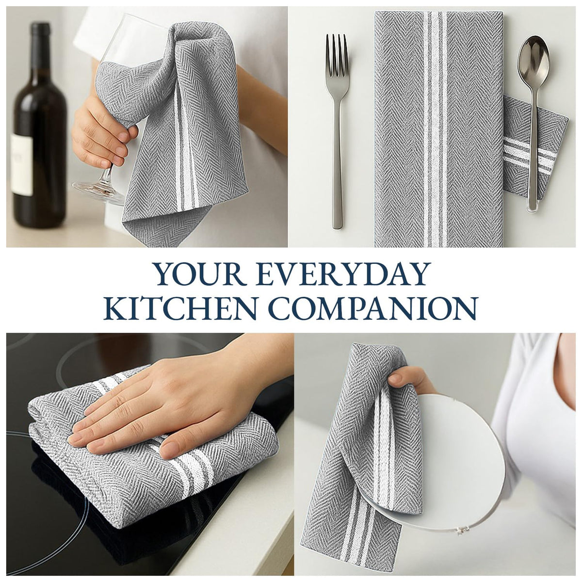 Kitchen Towel Set - 100% Cotton Kitchen Towels, Reusable Dish Cloths, Grey Dish Towels for Kitchen, Soft Absorbent Tea Towels, Durable Kitchen Hand Towels, 14” x 25” Kitchen Dish Towels - 12 Pack