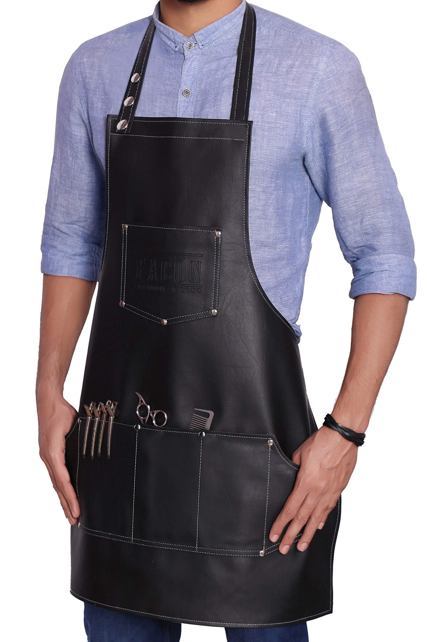 Facón Professional Leather Hair Cutting Hairdressing Barber Apron Cape for Salon Hairstylist - Multi-use Adjustable with 8 pockets - Heavy Duty Premium Quality - Limited Edition - 30" x 24" (Black)