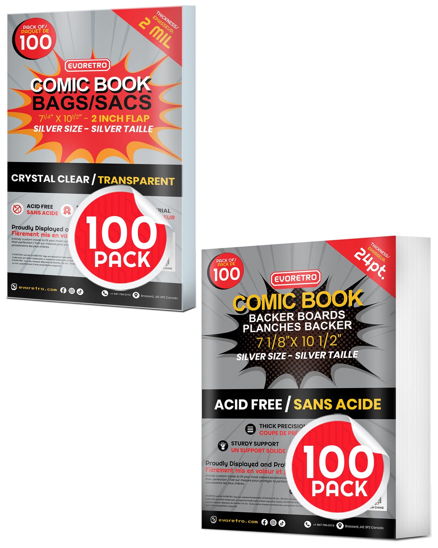 Comic Book Bags and Boards - Silver Age Comic Book Storage with 24 Pt Comic Backing Board for Comic Book kit - Thick Bulk Retail Bags for Spider Man, X Men, etc (Pack of 100 Each) by EVORETRO