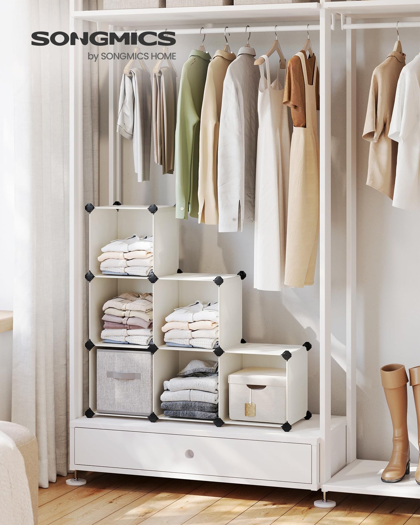 SONGMICS 6 Cube Storage Organizer, DIY Closet Shelf, Plastic Clothes Organizer, Modular Bookcase, 11.8 x 11.8 x 11.8 Inch Cubes, with Feet and Rubber Mallet, Cream White ULPC111M01