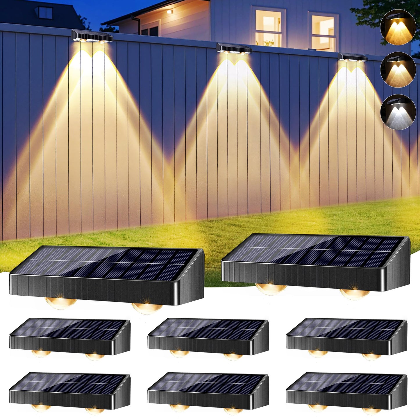 Brizled Solar Fence Lights, 8 Pack 3 Colors 6 Modes 250ml Fence Solar Lights Outdoor, IP65 Waterproof Outdoor Wall Light Landscape Lighting for Outside Backyard Yard Garden Patio Stair Railing Wall