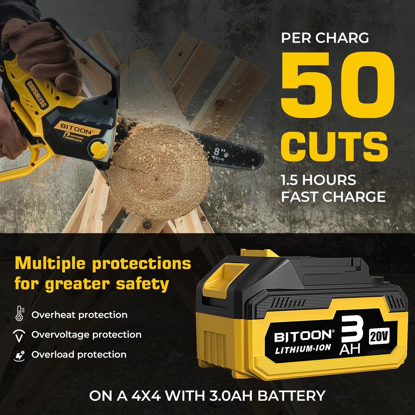 BITOON 8-Inch Mini Chainsaw with 2PCS 3.0Ah Battery and Charger, Auto-Oiler, Brushless Cordless 8-Inch and 6-Inch 2-in-1 Pruning Chain Saw, Portable Electric Chainsaw for Cutting Wood, Branches Yellow