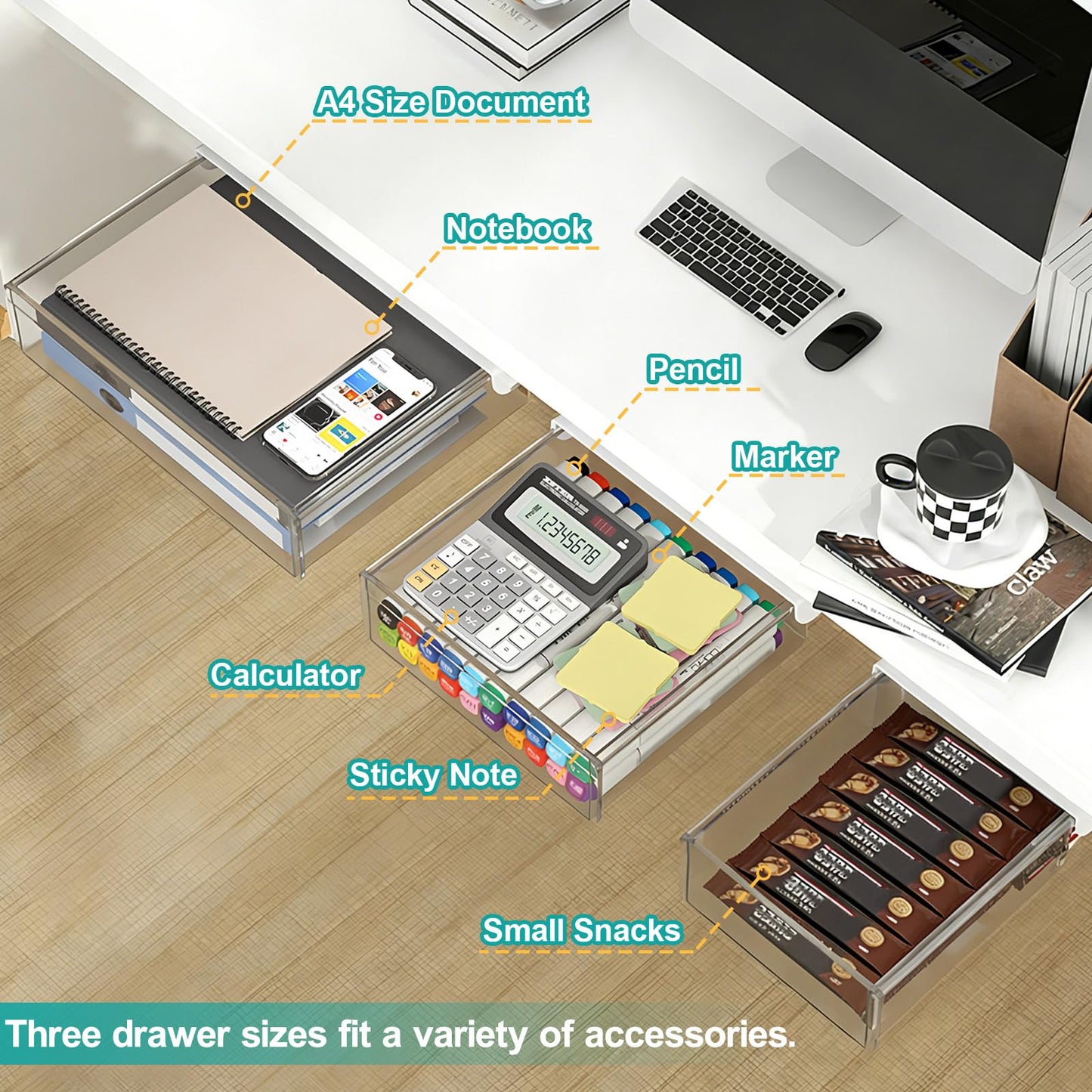 SVNNELP Under Desk Table Drawer Storage Organizer,3 Pack Large & Medium & Small Slide Out Desk Drawers - Hidden Desktop Organizer,Attachable Pencil Storage Tray Under Table(Clear White),S+M+L