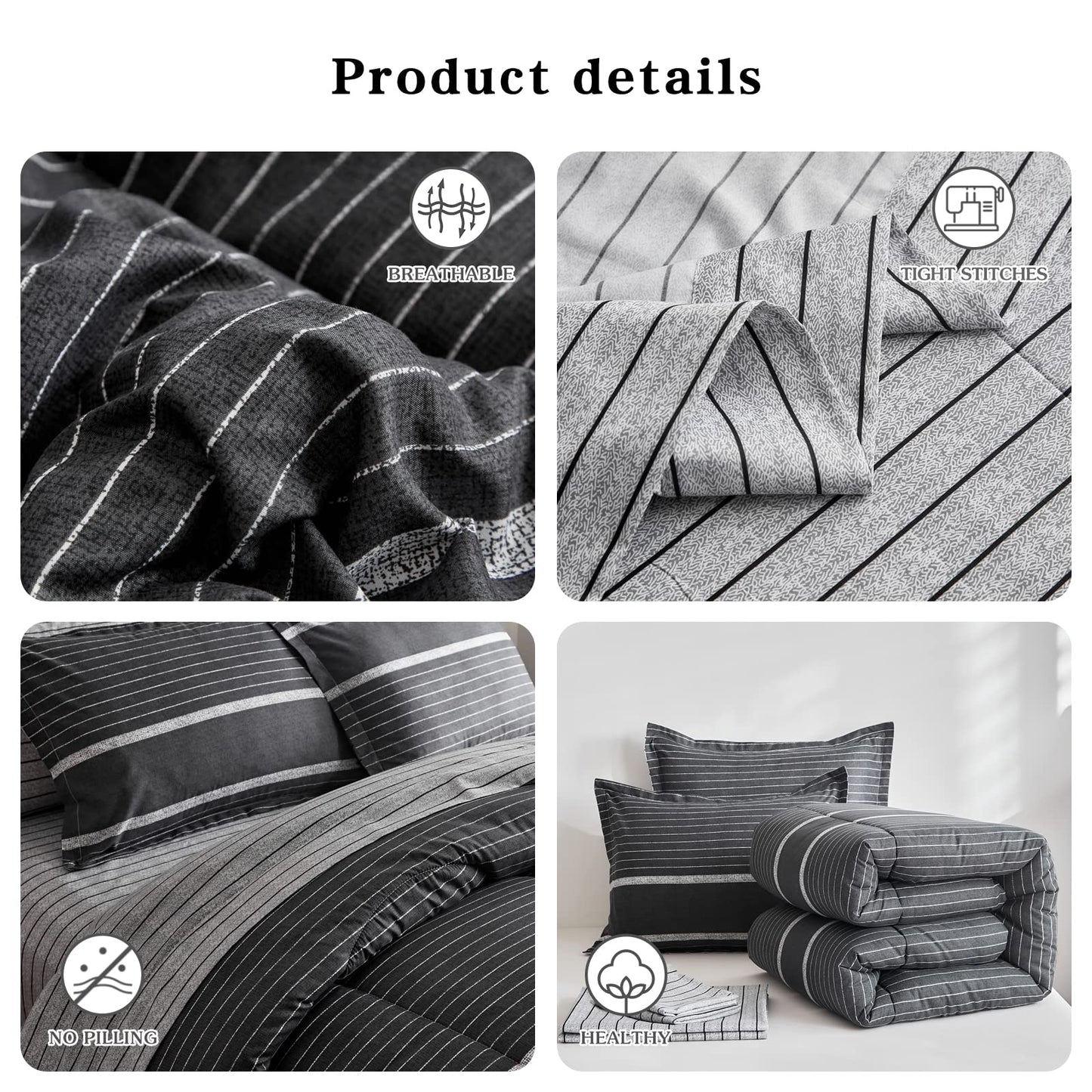 FlySheep Boho Bed in a Bag 7 Pieces Queen Size, White Striped on Black Dark Gray Reversible Comforter Set (1 Comforter, 1 Flat Sheet, 1 Fitted Sheet, 2 Pillow Shams, 2 Pillowcases)