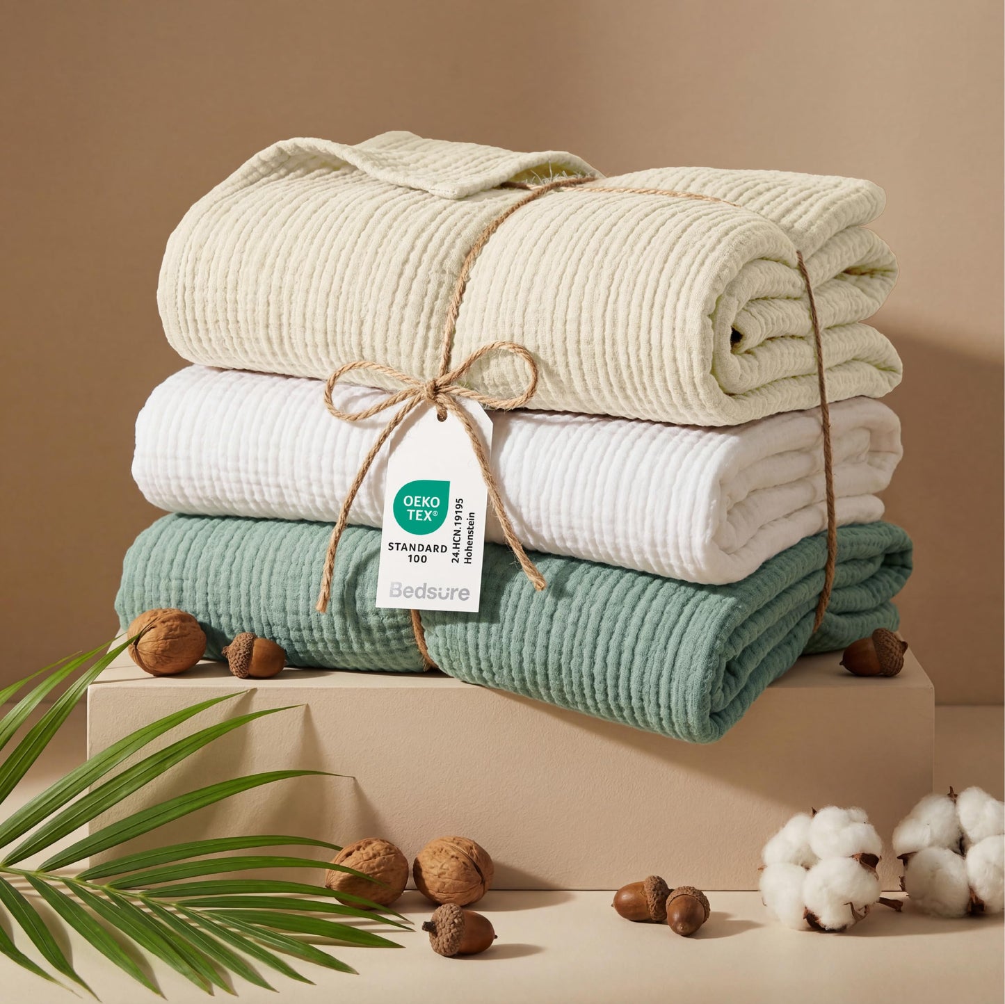 Bedsure 100% Cotton Muslin Throw Blanket - King Size for Bed, 4-Layer Breathable and Lightweight Thin Soft Summer Gauze Muslin Blanket for Adults, Linen Beige, 108x90 Inches