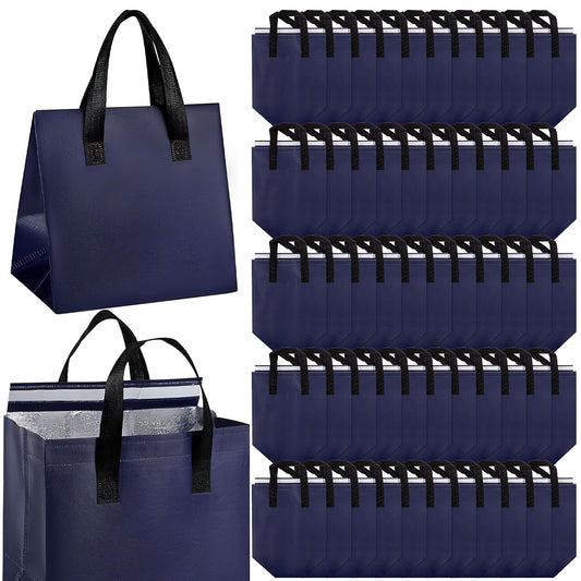 100 Pcs Take Away Bags Insulated Bags, Thermal Reusable Shopping Bags Bulk, Cooler Tote Bag for Food Delivery Cold and Hot Food Restaurant Grocery Picnic (9.5 x 6 x 9.5 in)