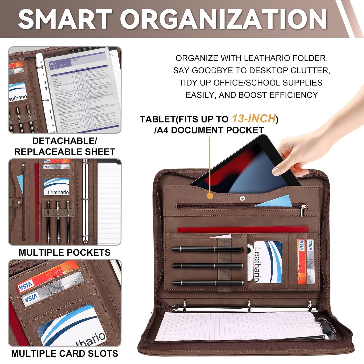 Leathario Portfolio Folder, Vegan Leather 3-Ring Binder, Includes 10 Clear Sheet Protectors and a Pen, Multi-Pocket A4 Padfolio for Tablets, Files and Business Documents, Office Supplies
