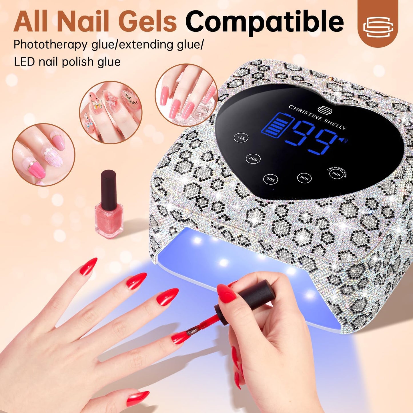 CHRISTINE SHELLY UV LED Nail Lamp 72W Rechargeable Sparkly Wireless Nail Dryer Gel Polish Light with 5 Timer Setting Professional Quick Dry Curing Lamp with Display Auto Sensor for Salon & Home