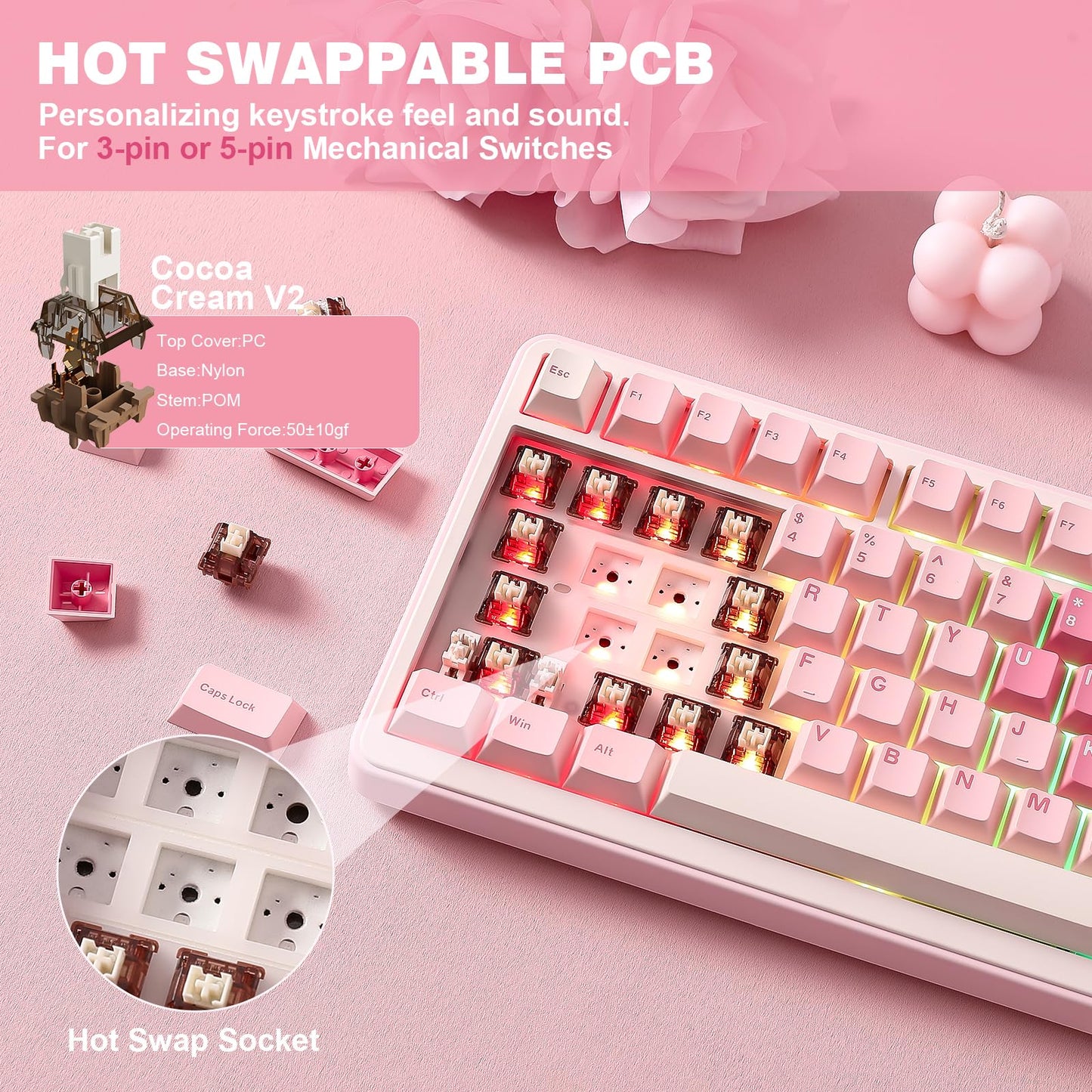 YUNZII B75 PRO Wireless Mechanical Keyboard,75% Gaming Keyboard Gasket Hot Swap Custom Keyboard with Knob,Pre-lubed Switches RGB,Bluetooth/Type-C/2.4G (Pink, Cocoa Cream V2 Switch)