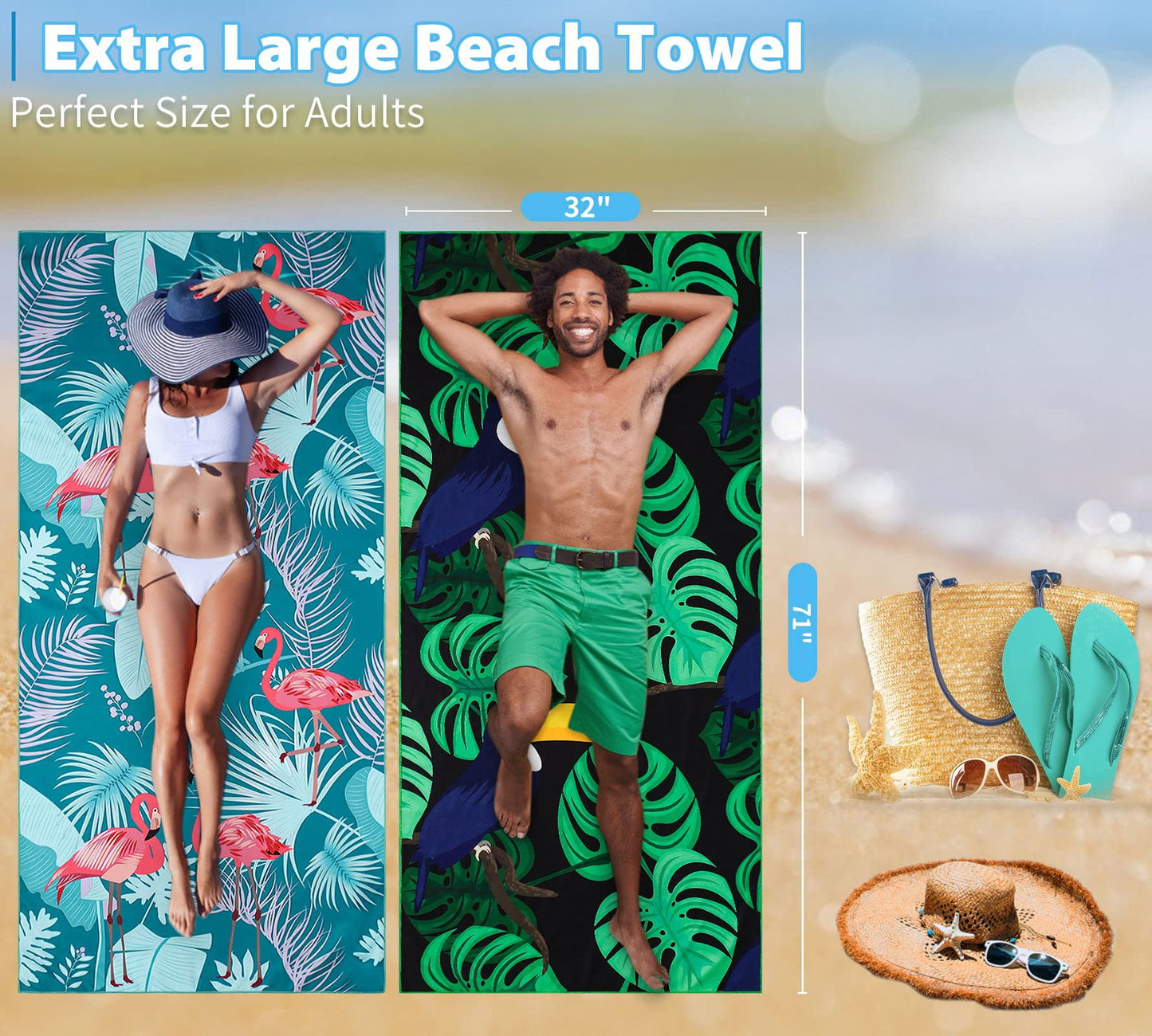 2 Pack Lightweight Thin Beach Towel Oversized 71"x32" Big Extra Large Microfiber Sand Free Towels for Adult Quick Dry Travel Camping Beach Accessories Vacation Essential Gift Flamingo Toucan