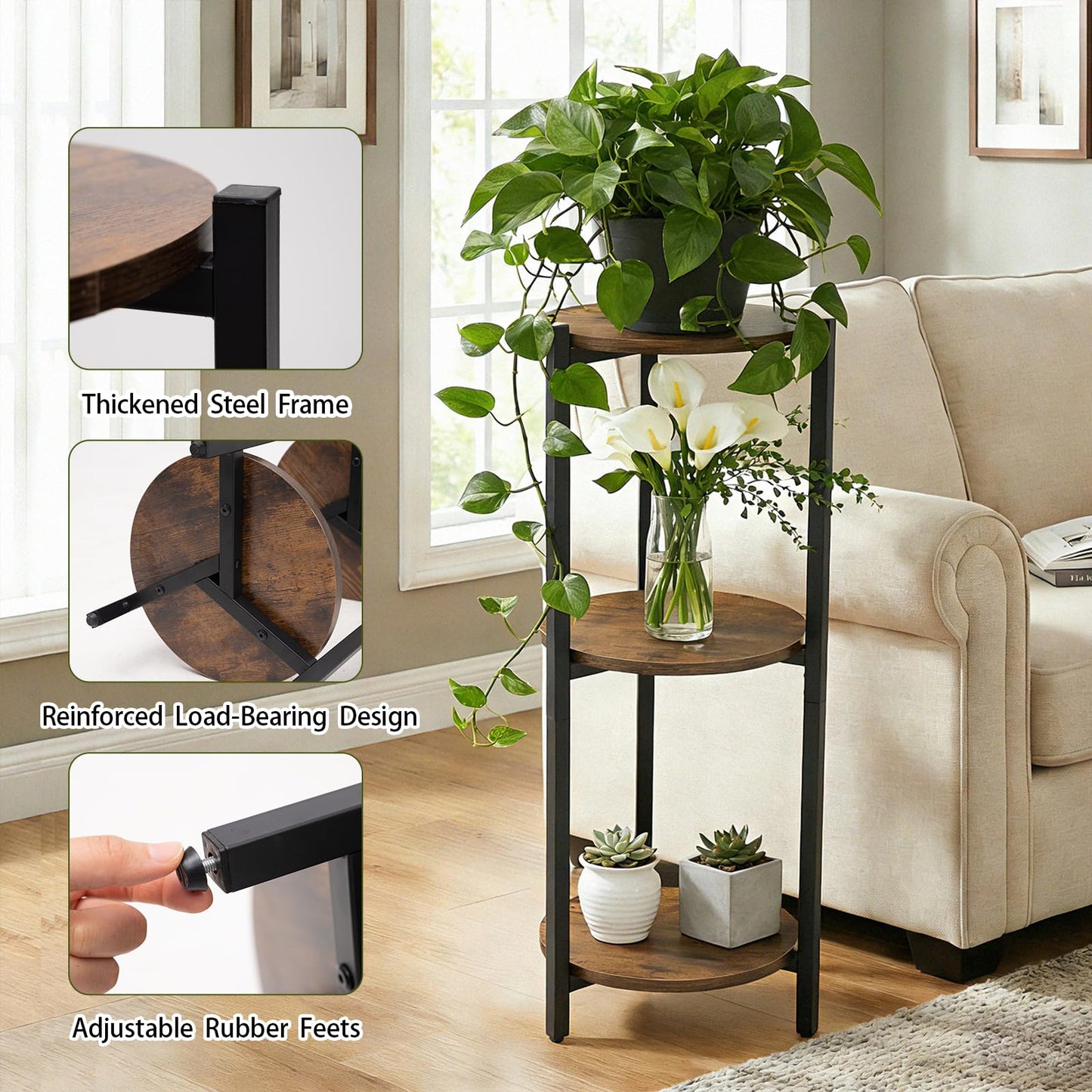 ZBBCTUS Plant Stand Indoor, Corner 3 Tier Tall Plant Stand Shelf with Brown Round Wooden Shelves, Heavy Duty Metal Frame Plant Holder, Sturdy Storage Rack for Living Room Balcony Garden Outdoor