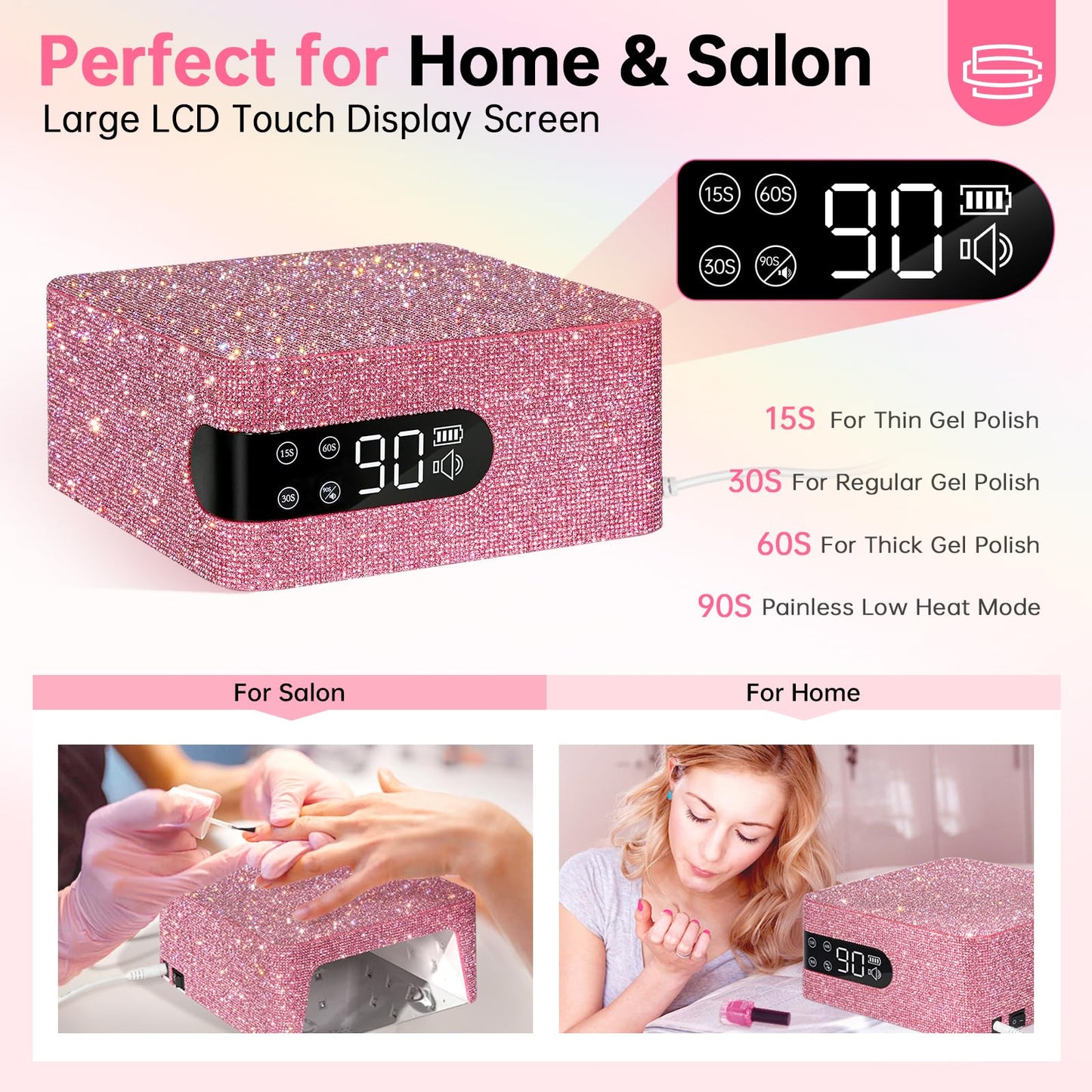 CHRISTINE SHELLY UV LED 96W Nail Lamp Professional Nail Dryer Sparkly Gel Polish Light with 4 Timer Setting Quick Dry Curing Lamp with Display Auto Sensor for Salon & Home Pink Diamond