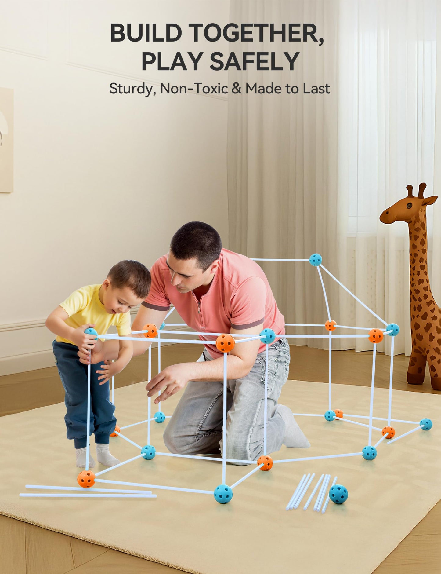 besrey Fort Building Kit for Kids with Toss Game, 133 Pcs Creative Fort Toy, STEM Construction Toy, Outdoor Play Structure, Kids Outdoor Toys,DIY Play Tent Tunnel (Blue Nightglow)