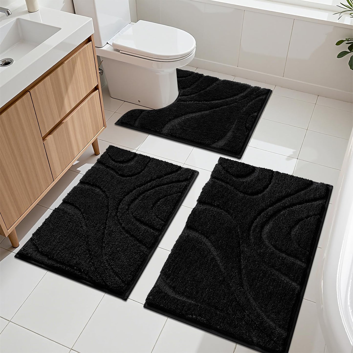 HEBE Microfiber Bath Mat Set 3 Piece, Ultra Absorbent Bathroom Mat, Non-Slip Plush Shaggy Bathroom Rug, Machine Washable Bath Mats for Bathroom Floor, Tub and Shower, Black