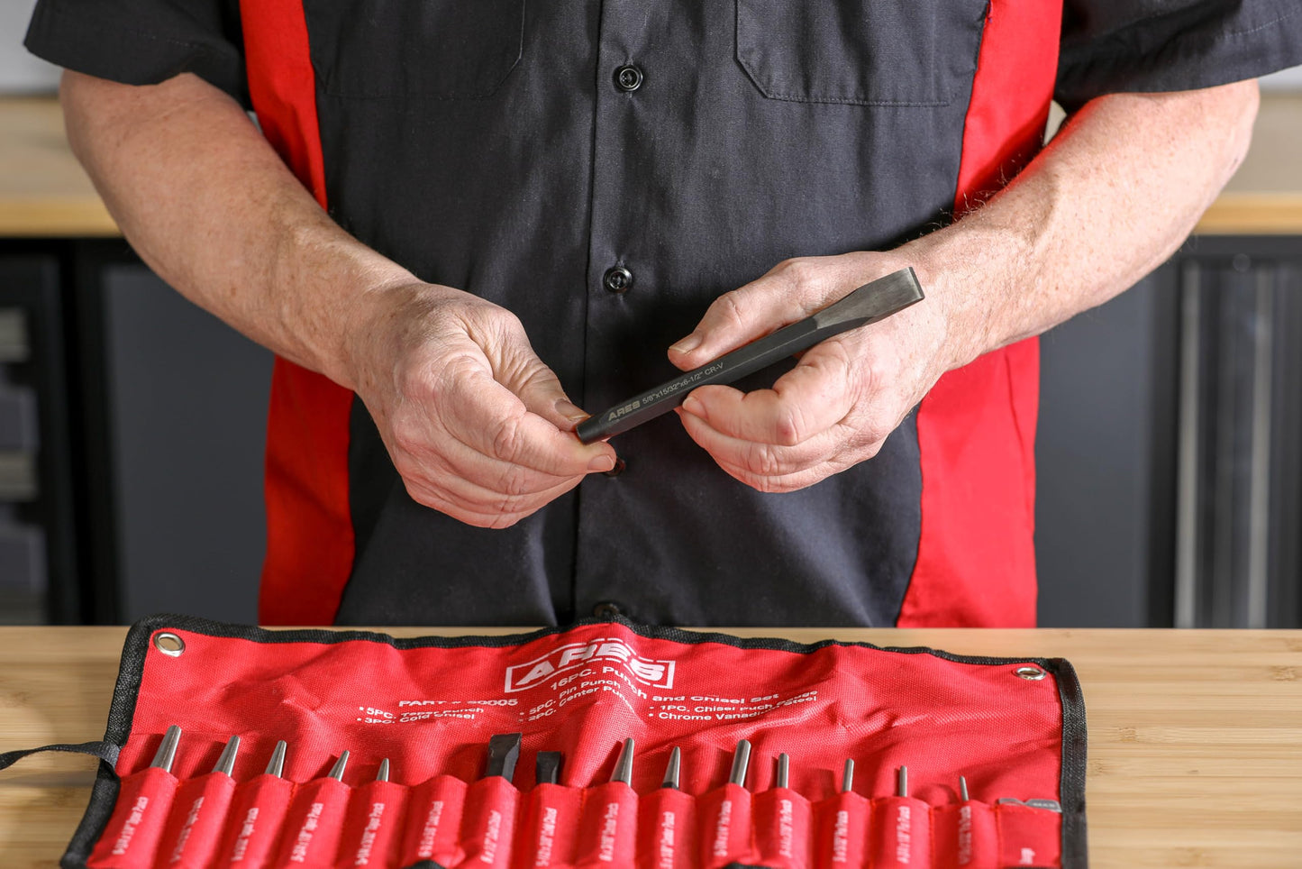 ARES 50005-16-Piece Punch and Chisel Set - Tapered, Pin, Center Punches & Cold Chisels for Various Applications