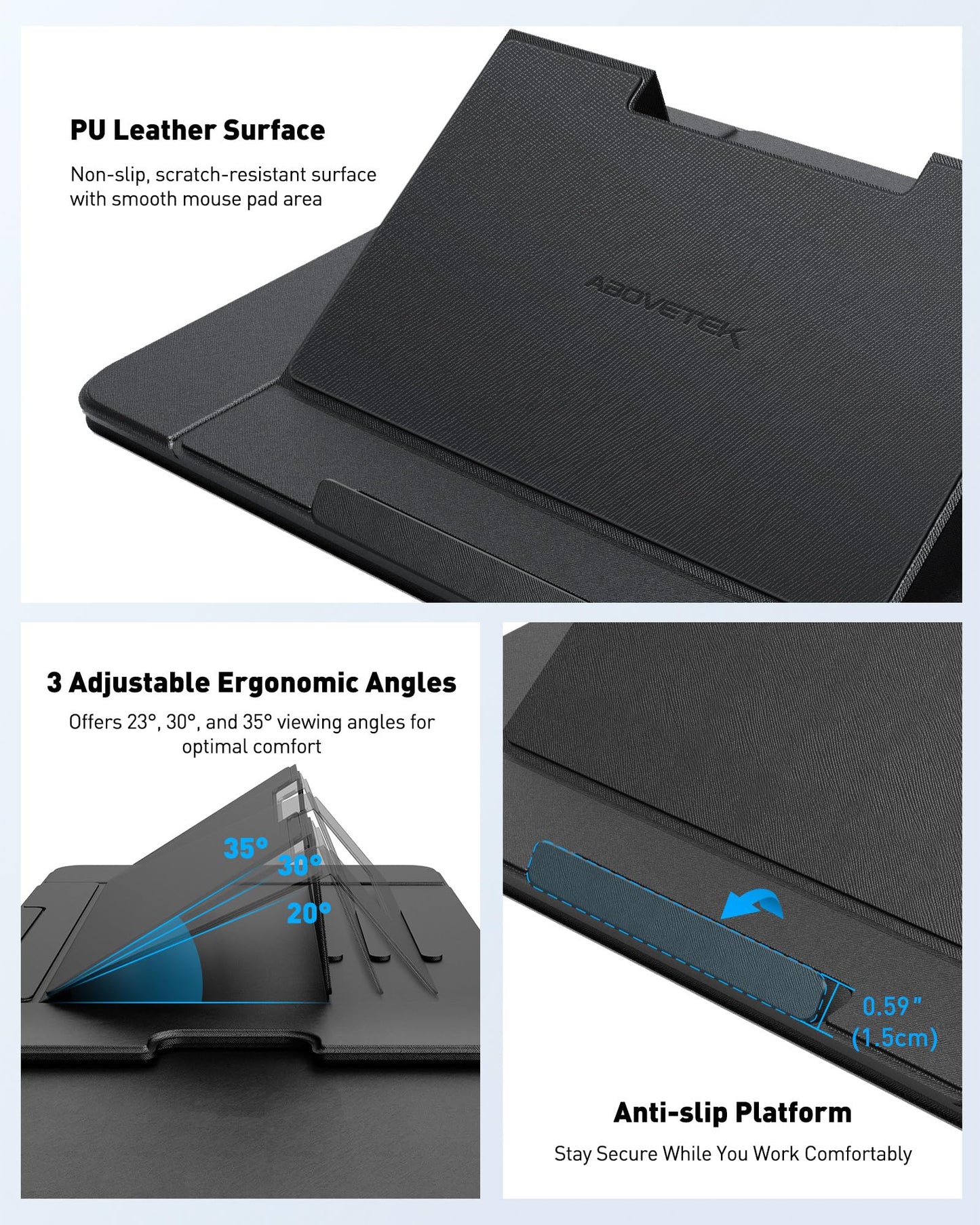 AboveTEK Adjustable Laptop Lap Desk, Portable Lap pad Workstation with Retractable Mouse Pad | 3 Ergonomic Angles, PU Leather Non-Slip Surface, Heat Shield, for Bed, Sofa, Travel