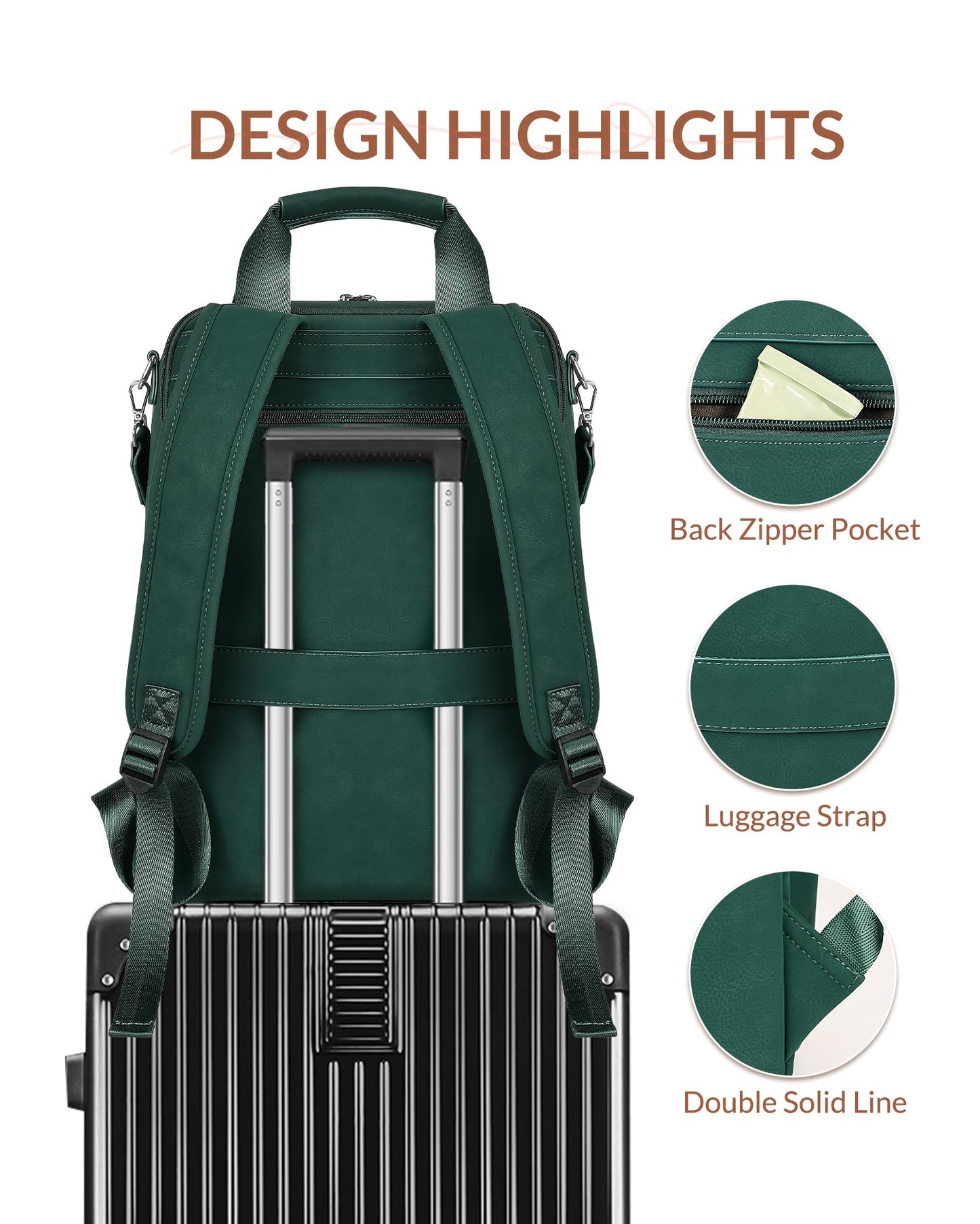 SYTRAH Leather Laptop Backpack 15.6 Inch Womens Laptop Bag, 3 IN 1 Computer Bag Handbag with Colorful Shoulder Bag Strap for Work Travel College Green