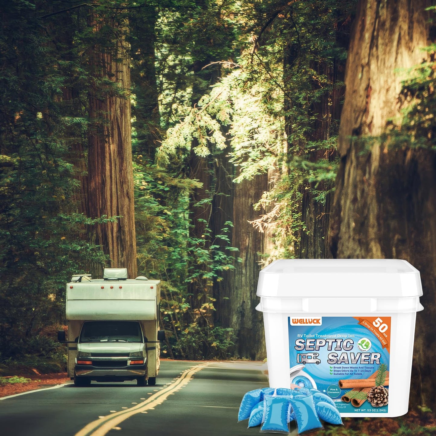 WELLUCK 50 Packs RV Toilet Treatment Drop Ins, Black Tank Deodorizer for Camper, Marine Portable Toilet, Break Down Waste and Tissue, Septic Tank Treatment, Kit for 50 Week (Pine&Cinnamon)