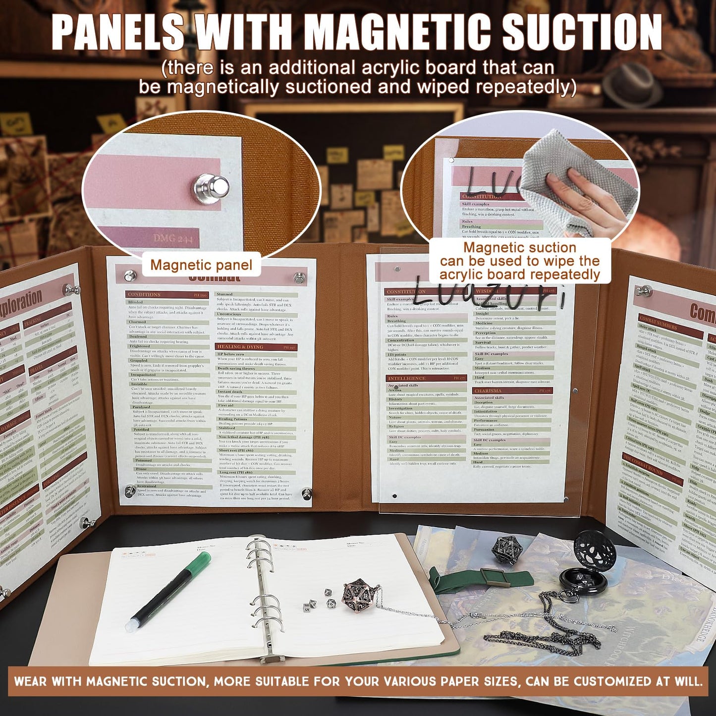 DND DM Screen 5e Dungeon Master Screen Deluxe Leather 4-Panel Customizable Magnetic Panel Game Master Screen with Magnetic Stickers, for Dungeons and Dragon, Pathfinder