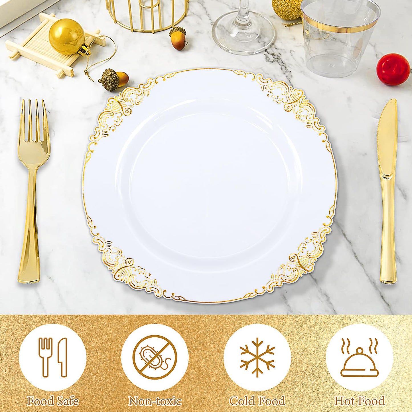 100 Pcs White Plastic Plates with Gold Rims, 7.5" Round Plastic Dessert Plates, Elegant Salad Plates for Cakes, Appetizers, Desserts, Snacks, Fruits, Gathering Supplies