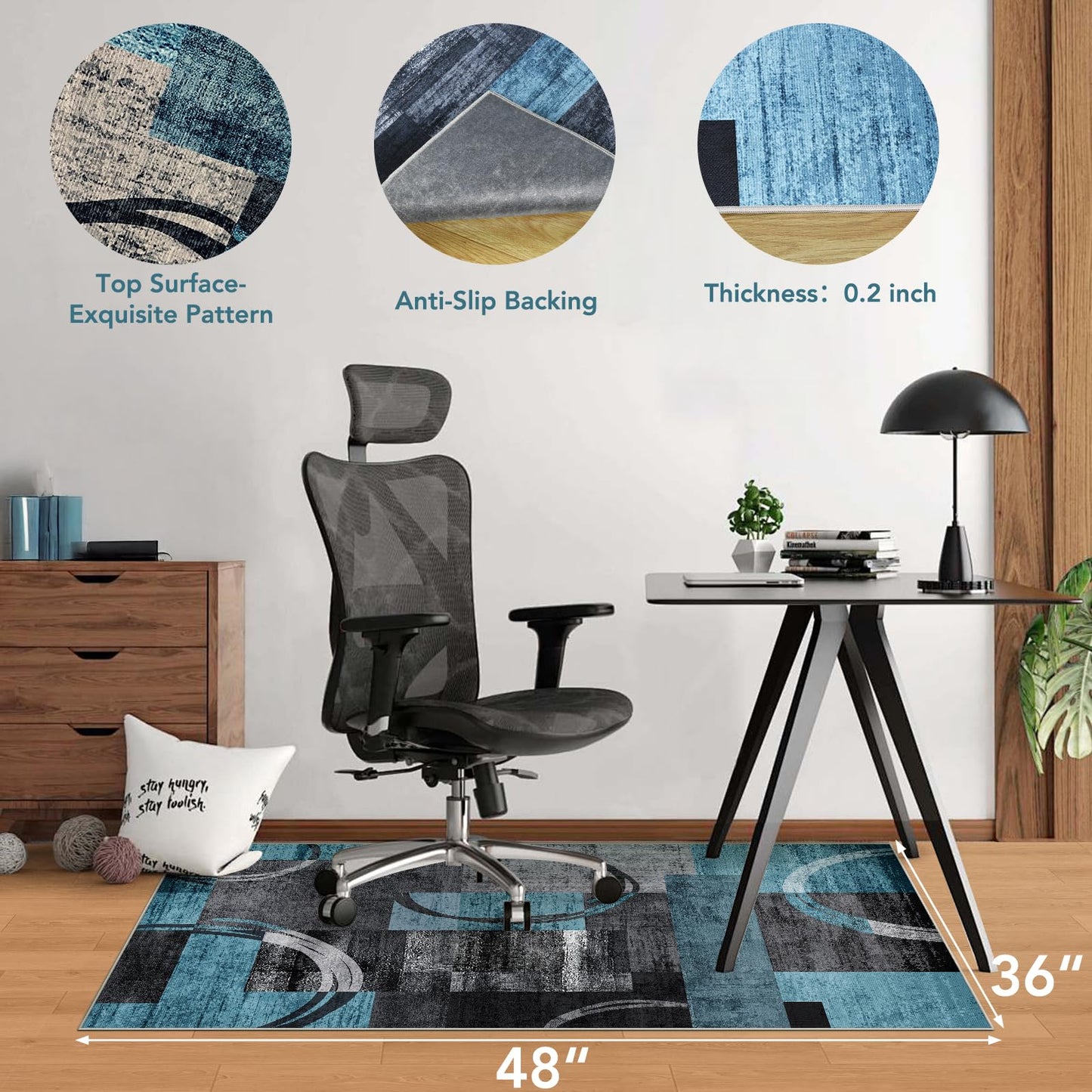 Office Chair Mat for Hardwood Floor & Tile Floor, 36"X 48" Heavy Duty Desk Chair Mat for Hard Floors, Under Desk Rug for Rolling Computer Chair,Anti Slip,Low Pile Carpet Protector-Geo Blue Gray