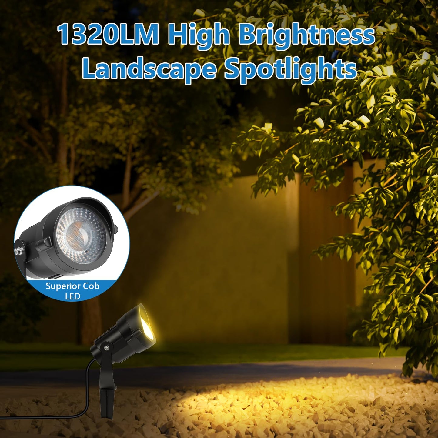 HIBOITEC 12W Landscape Lights IP65 Waterproof LED Outdoor Spotlight with US 3-Plug Cord,270° Adjustable Angle Landscape Lights for Garden, Yard, Lawn Warm White Light 2 Pack