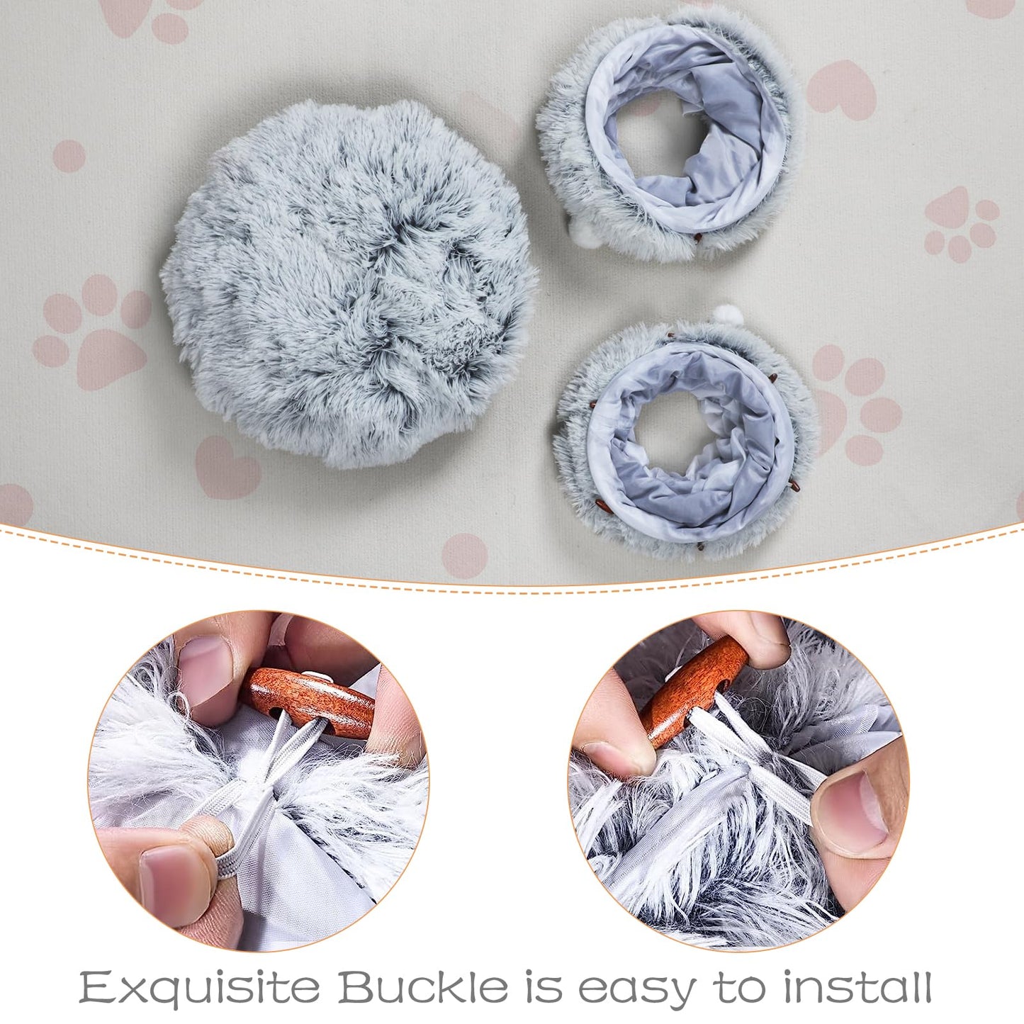 Lonepetu Cat Tunnel Bed for Indoor Cats, Warm Plush Collapsible Cat Donut Tunnel with Central Mat, Fluffy Cat Cave Tube with Hanging Ball for Cat Kitten Rabbit Puppy Ferret