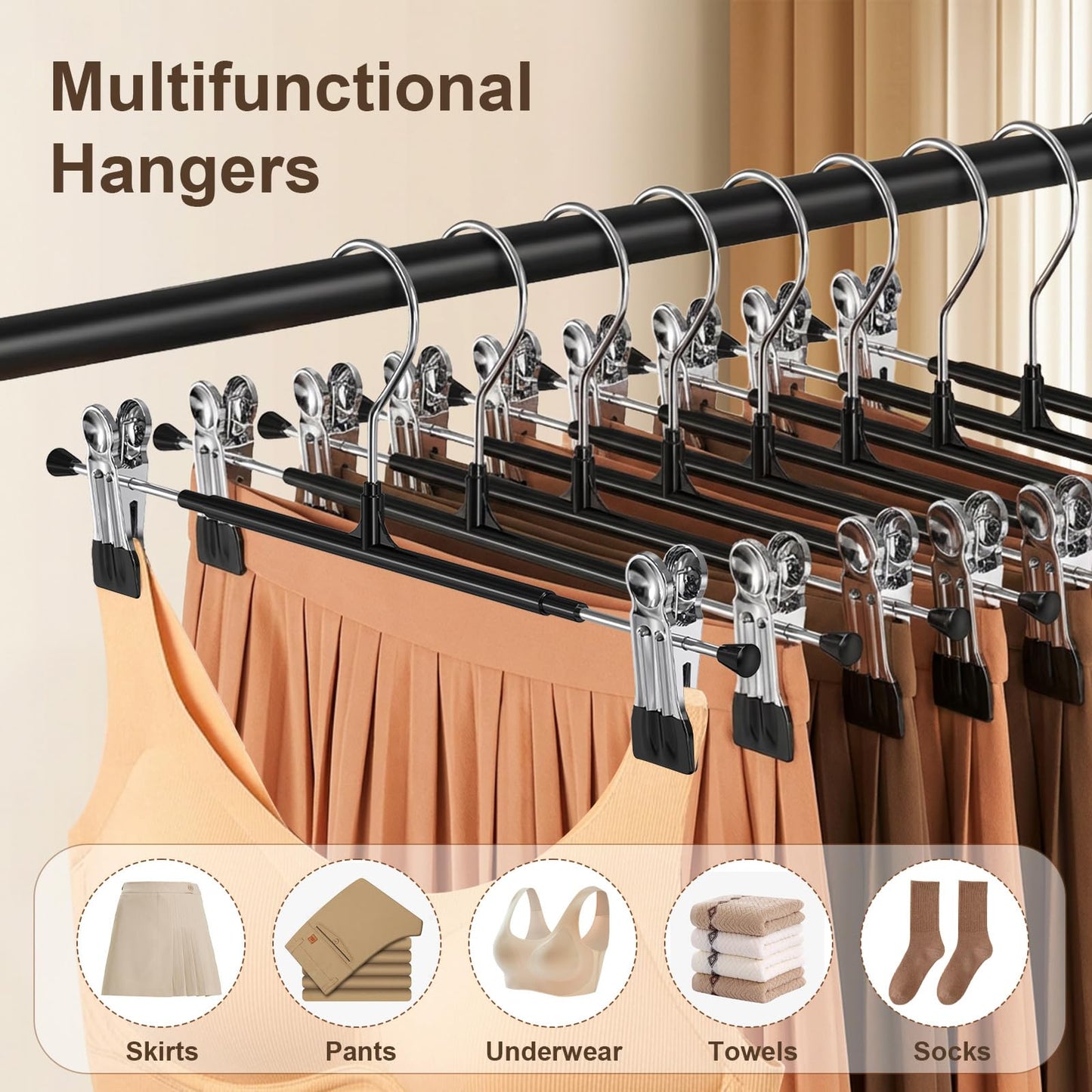 POZEAN Pants Hangers with Clips 30Pack, 12Inch Adjustable Skirt Hangers for Women, Space Saving Non-Slip Hangers for Shorts, Jeans, Coat, Kids' Clothes (Black, 30Pack)
