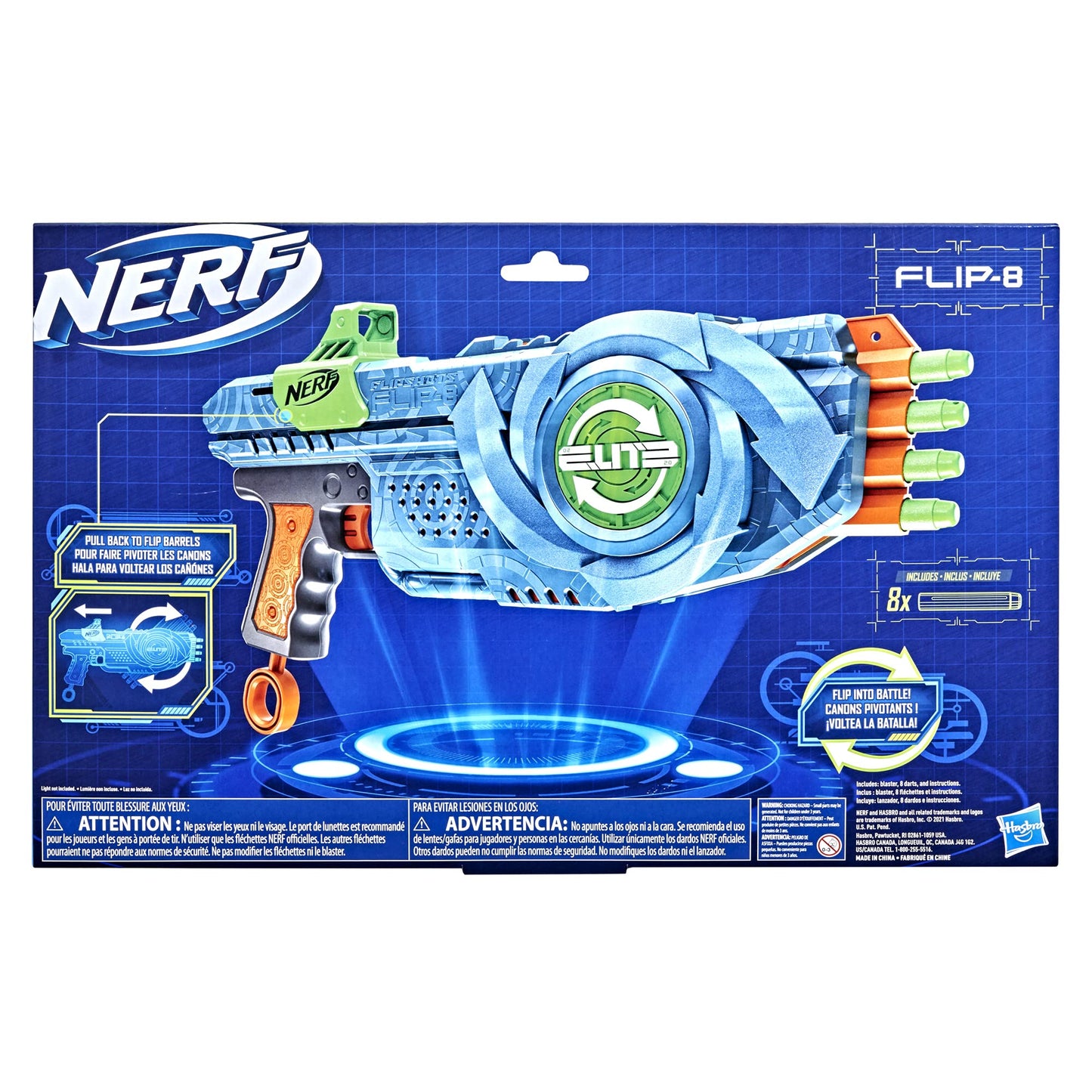 NERF Elite 2.0 Flipshots Flip-8 Blaster, Rotating Dart Barrels, 8-Dart Capacity, 8 Elite Darts, Toy Foam Blasters, Kids Outdoor Games & Toys for Boys & Girls, Blue